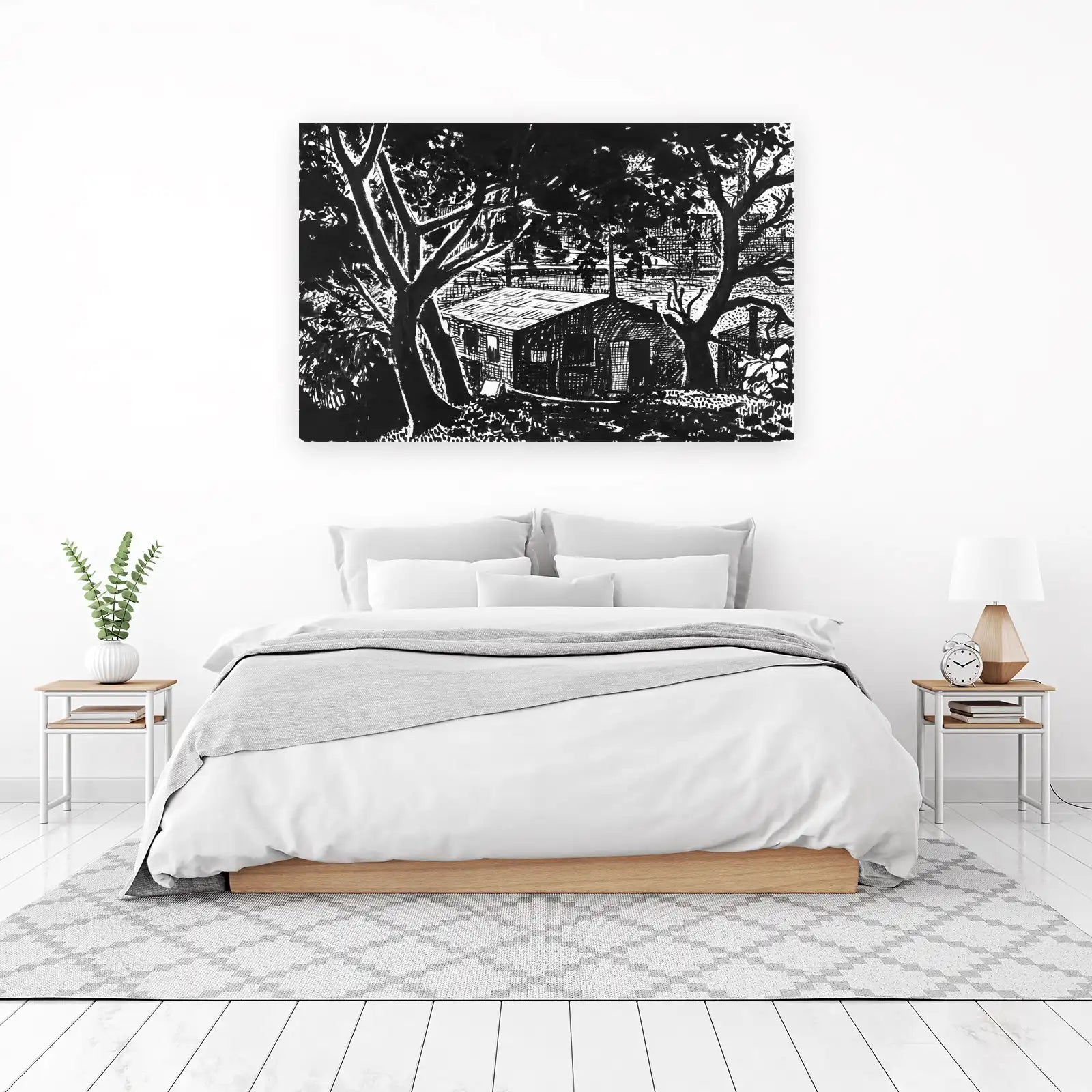 Rustic Cabin & Trees Black & White Wall Art