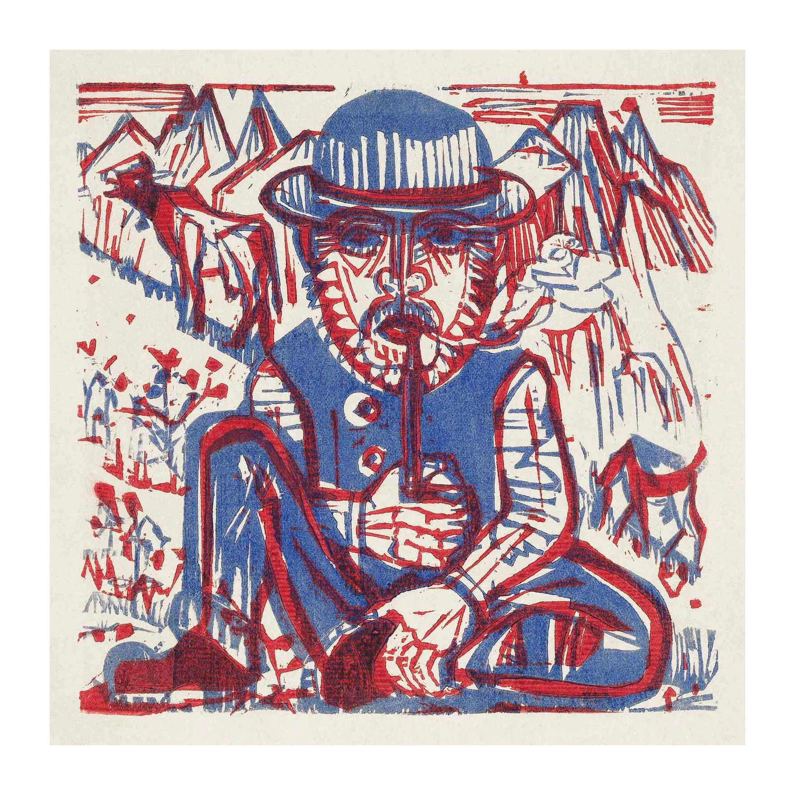 Bold Blue & Red Man with Pipe Wall Art