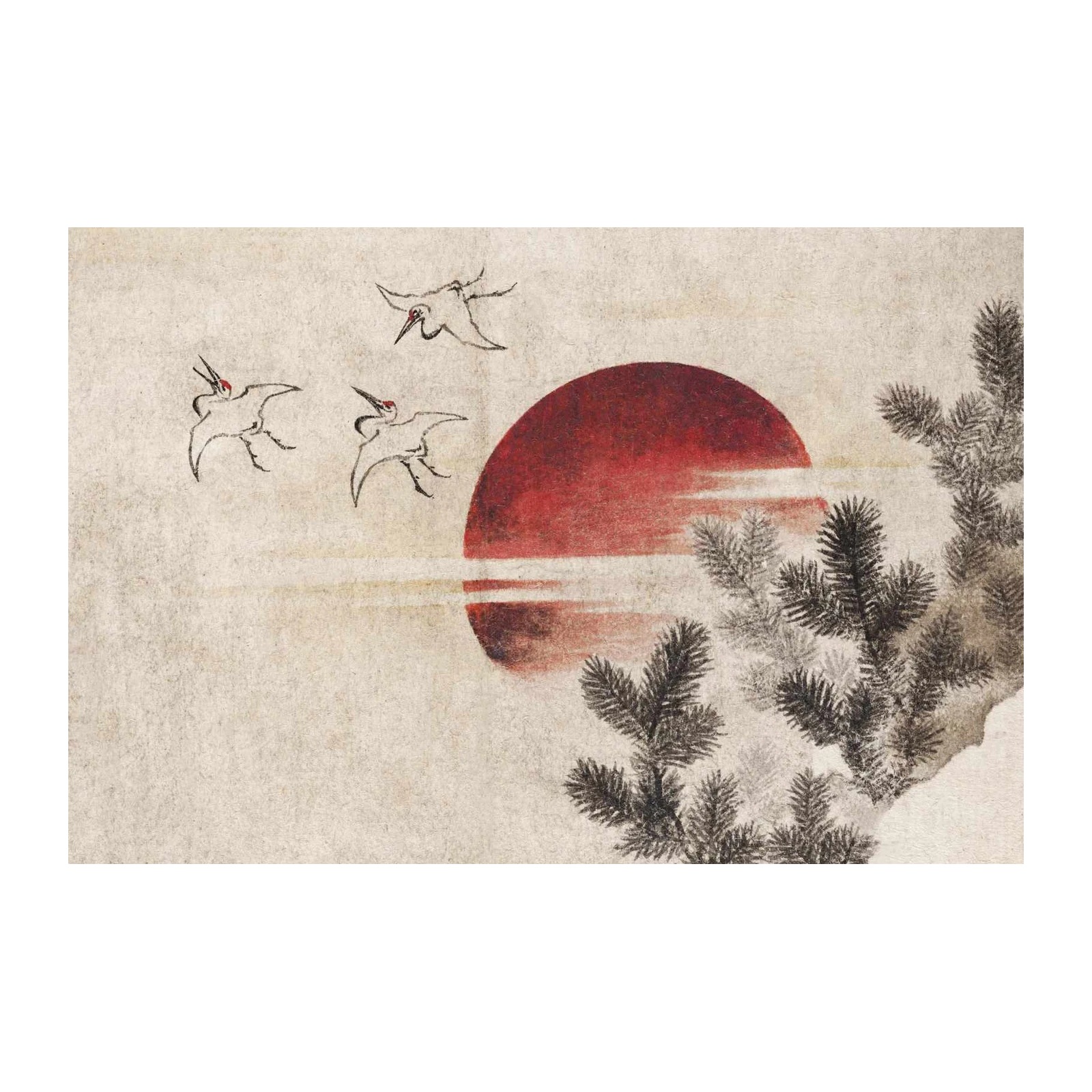 Serene Cranes Red Sun Japanese Art Wall Art
