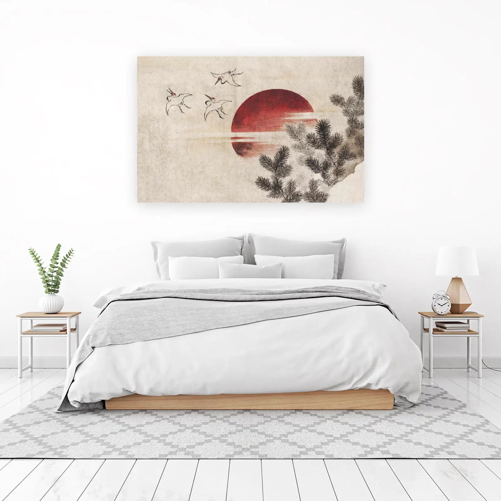 Serene Cranes Red Sun Japanese Art Wall Art