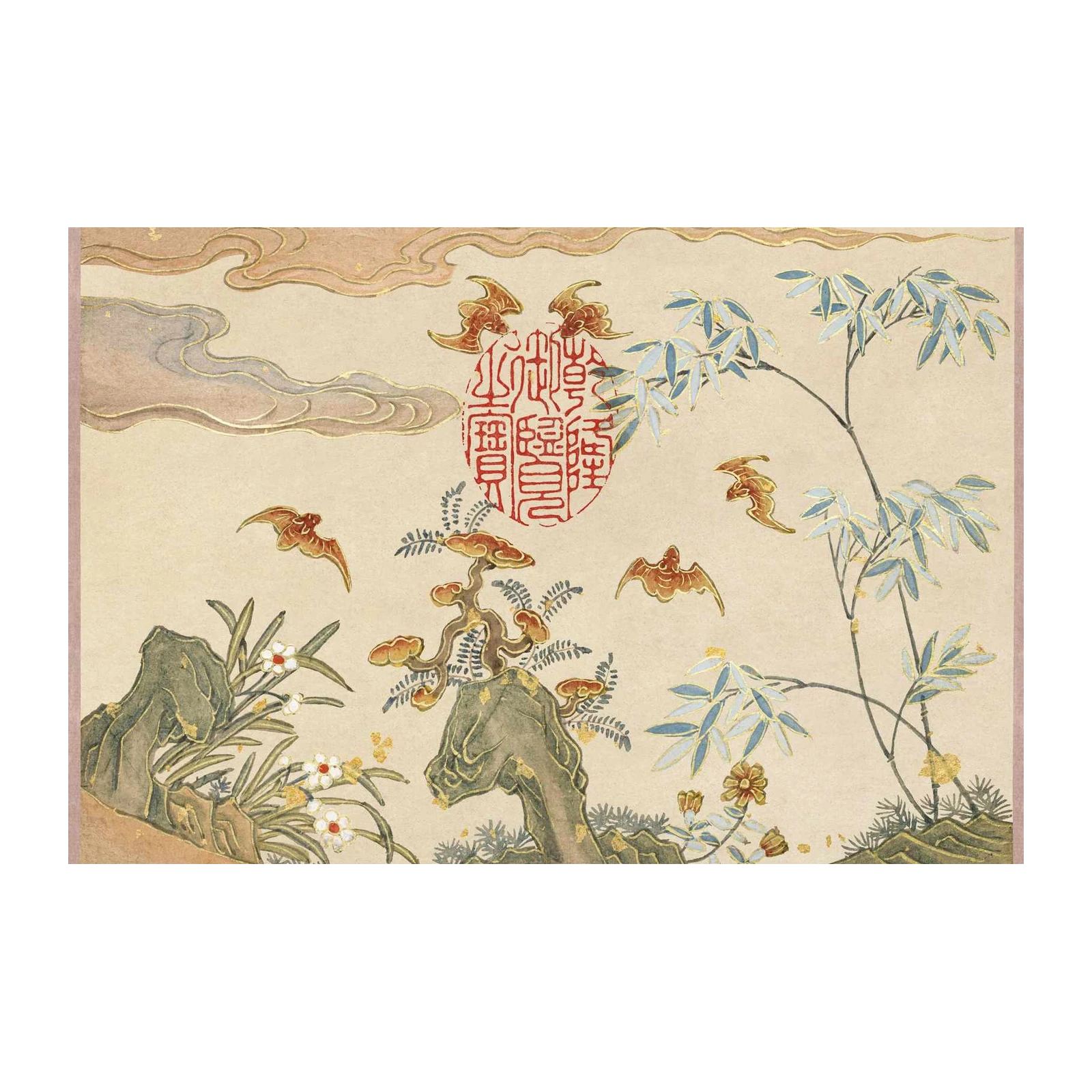 Vintage Chinese Bat & Bamboo Wall Art