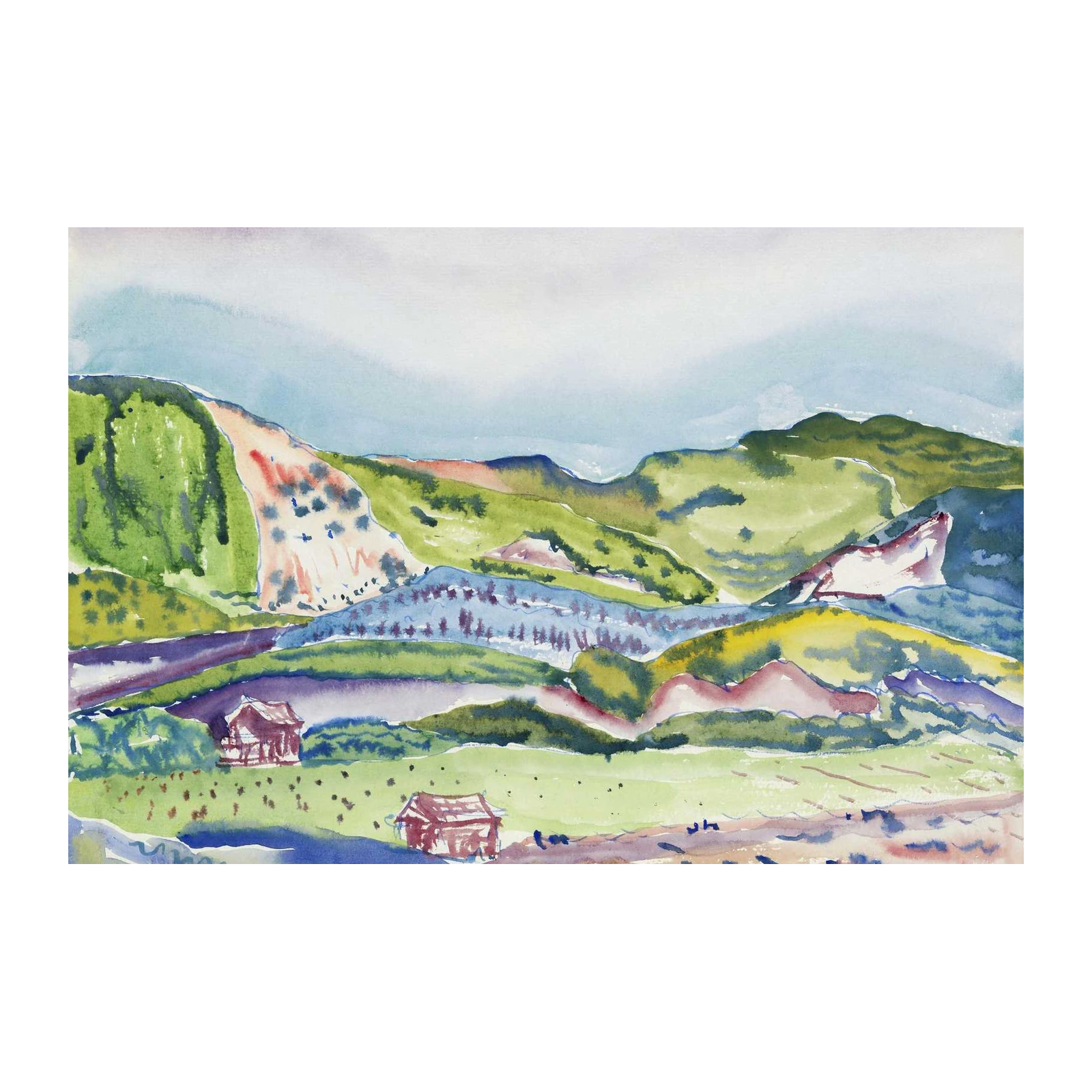 Vibrant Valley Landscape Watercolor Wall Art