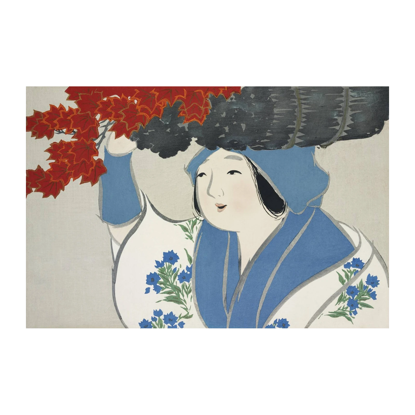 Japanese Woman Red Maple Leaves Wall Art