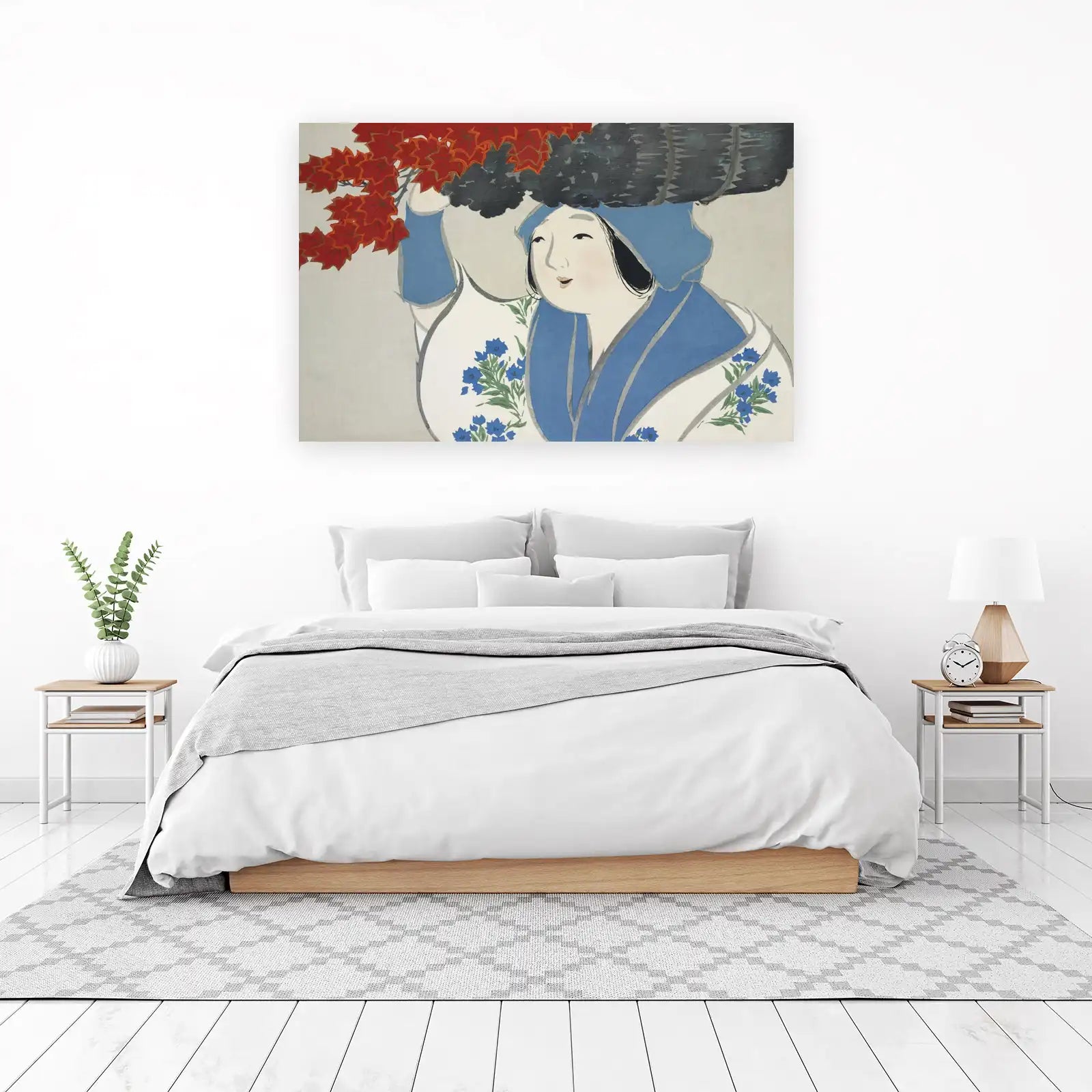 Japanese Woman Red Maple Leaves Wall Art