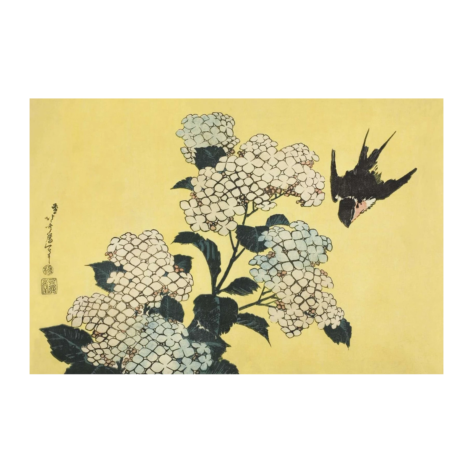 Hydrangea Bird Japanese Art Wall Art