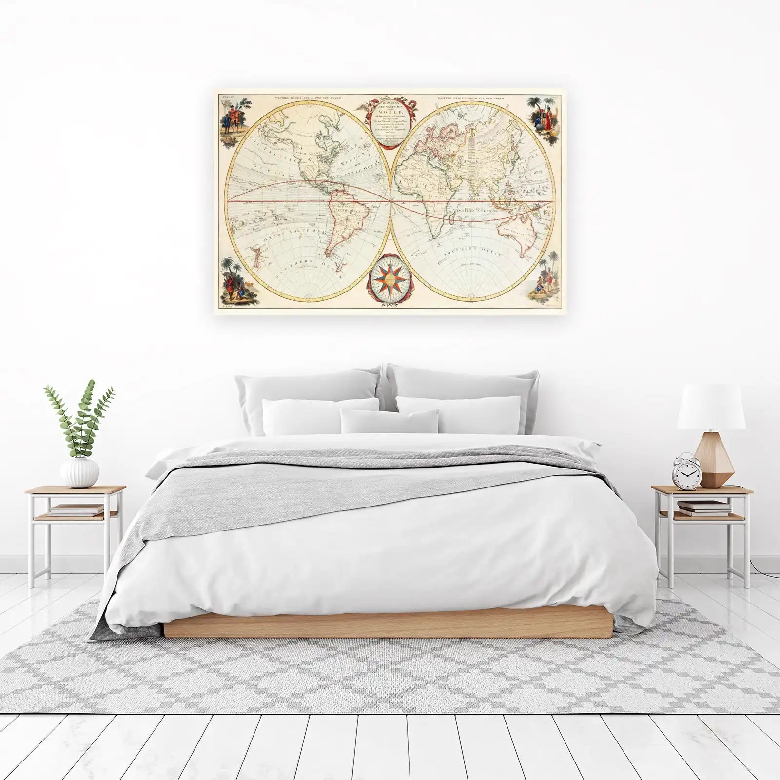 Vintage World Map Compass Rose Wall Art
