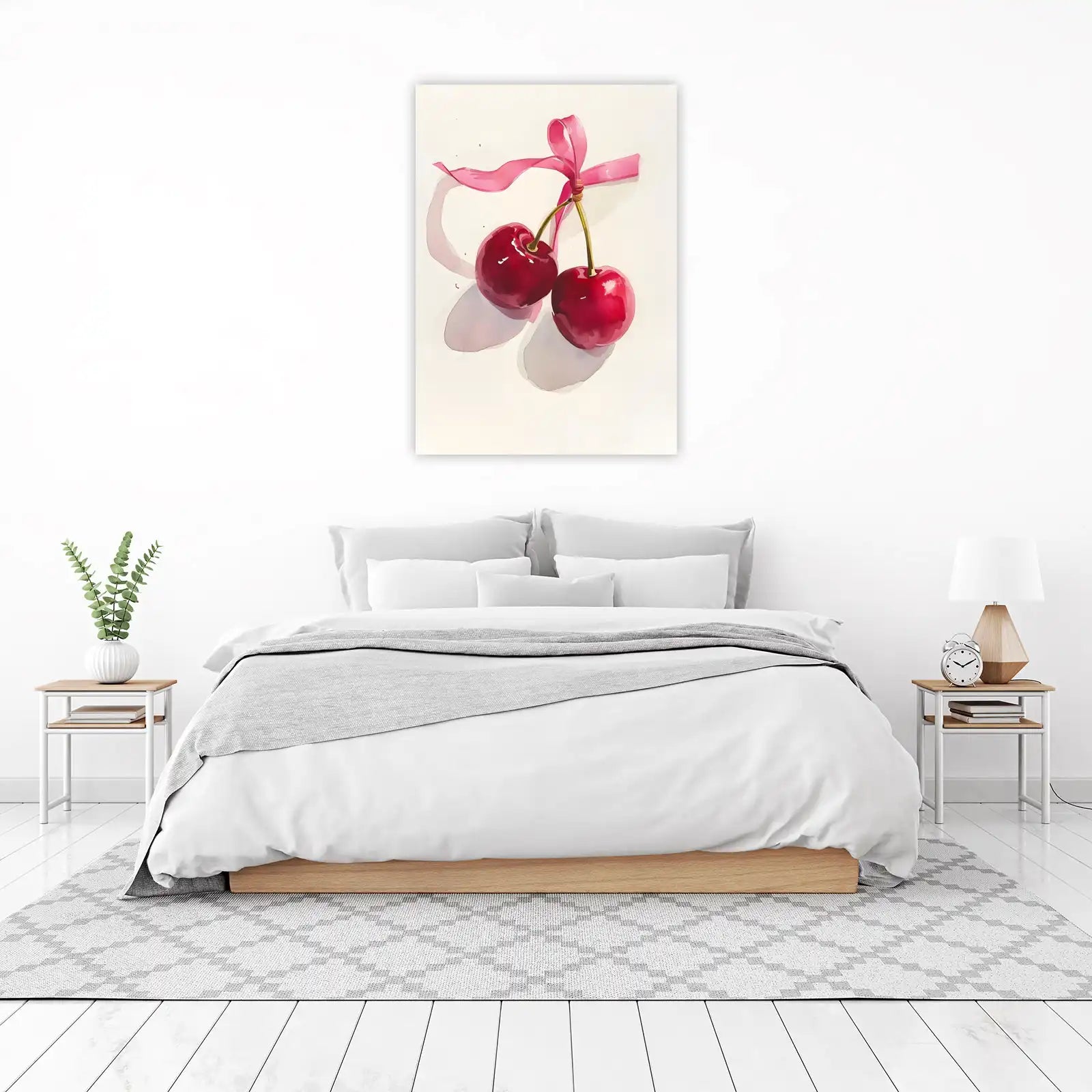Vibrant Cherries with Pink Ribbon Wall Art