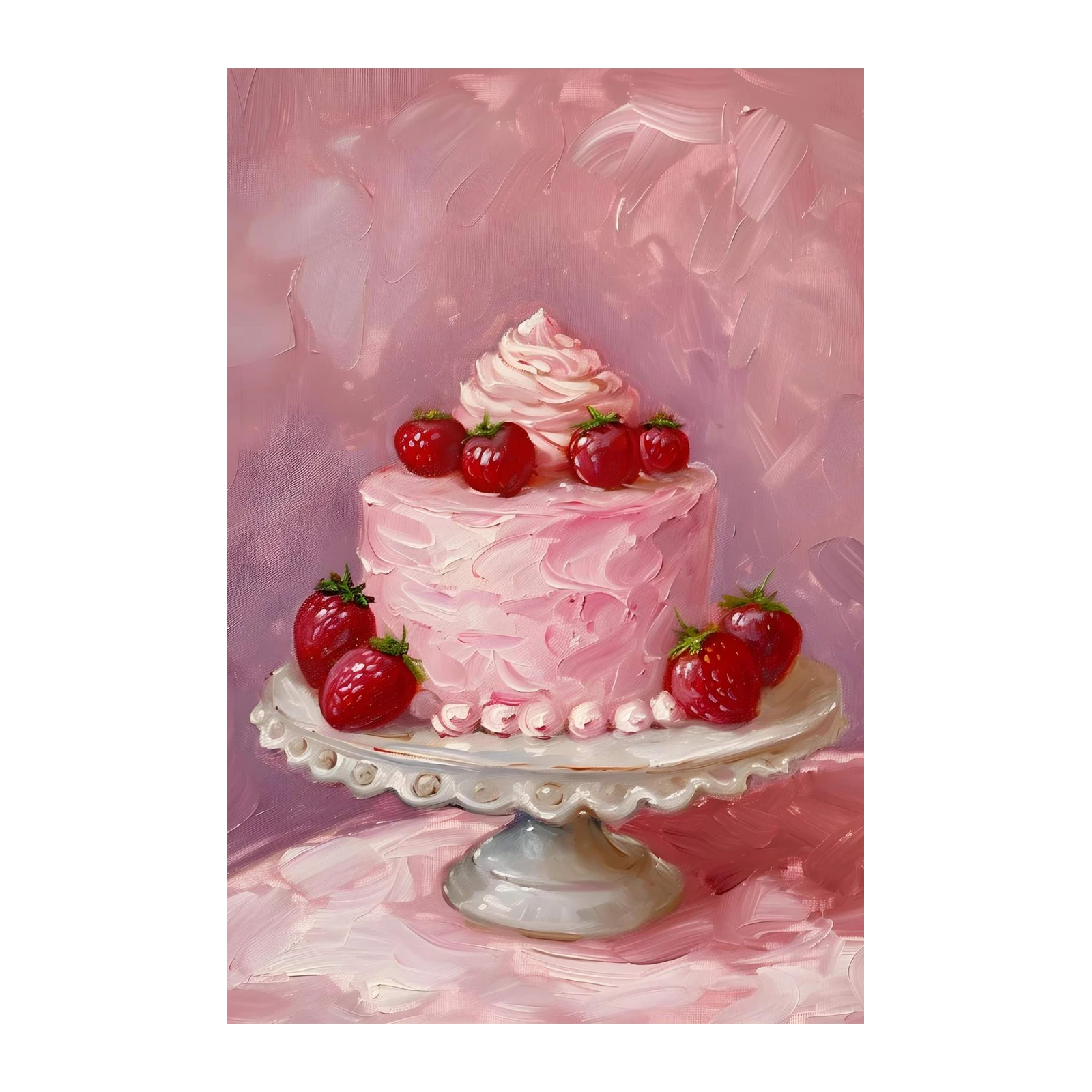 Sweet Strawberry Cake Oil Painting Wall Art