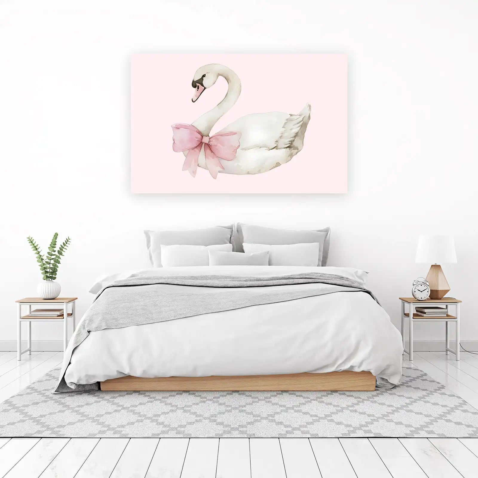 Charming Pink Bow Swan Watercolor Wall Art