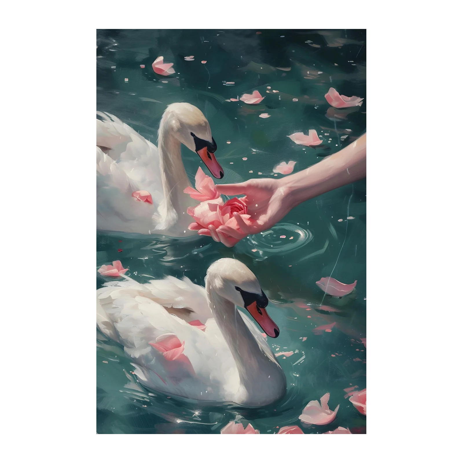 Graceful Swans & Pink Petals Wall Art