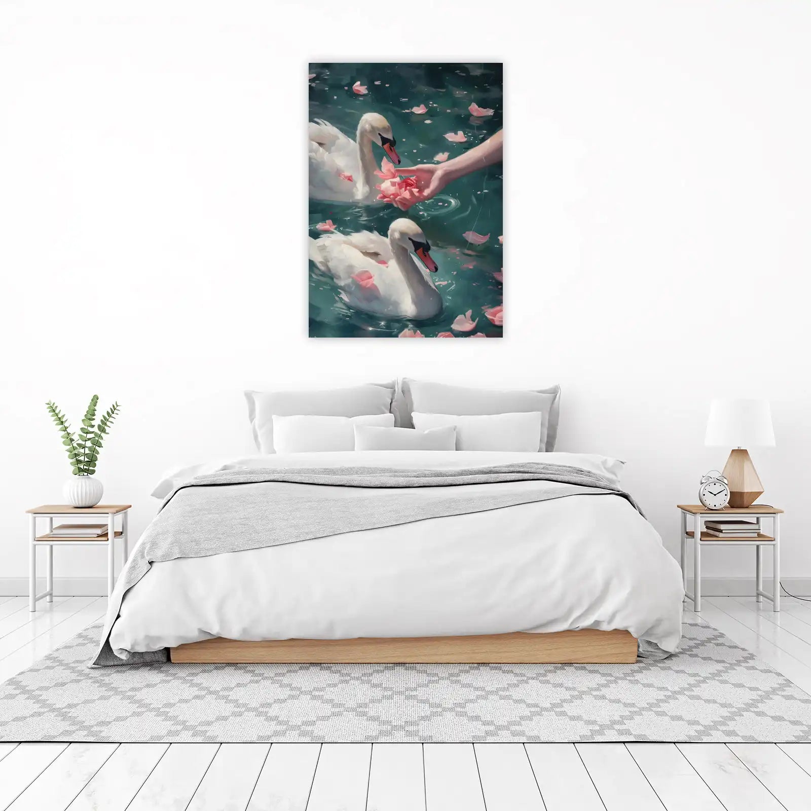 Graceful Swans & Pink Petals Wall Art