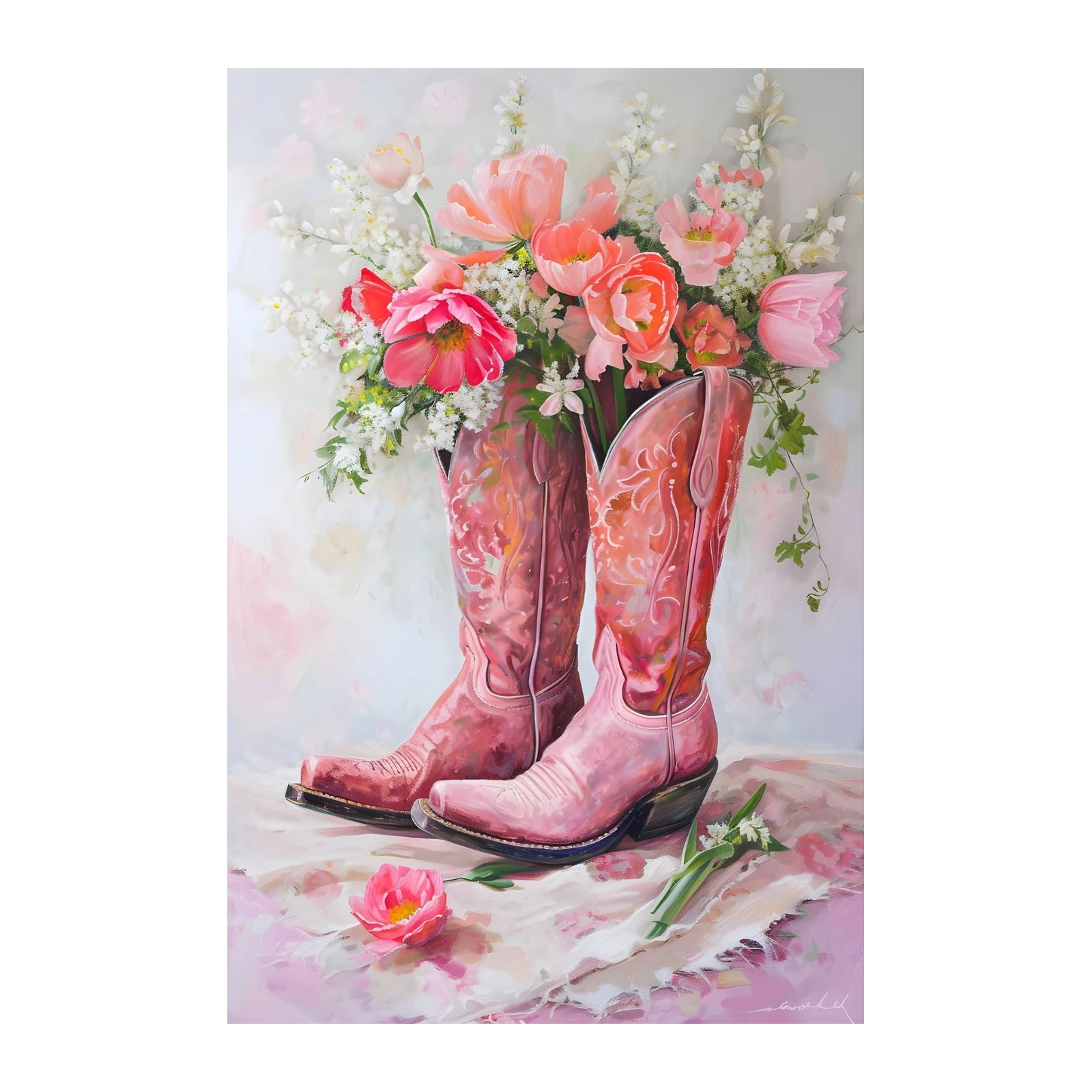 Charming Pink Cowboy Boots Floral Wall Art