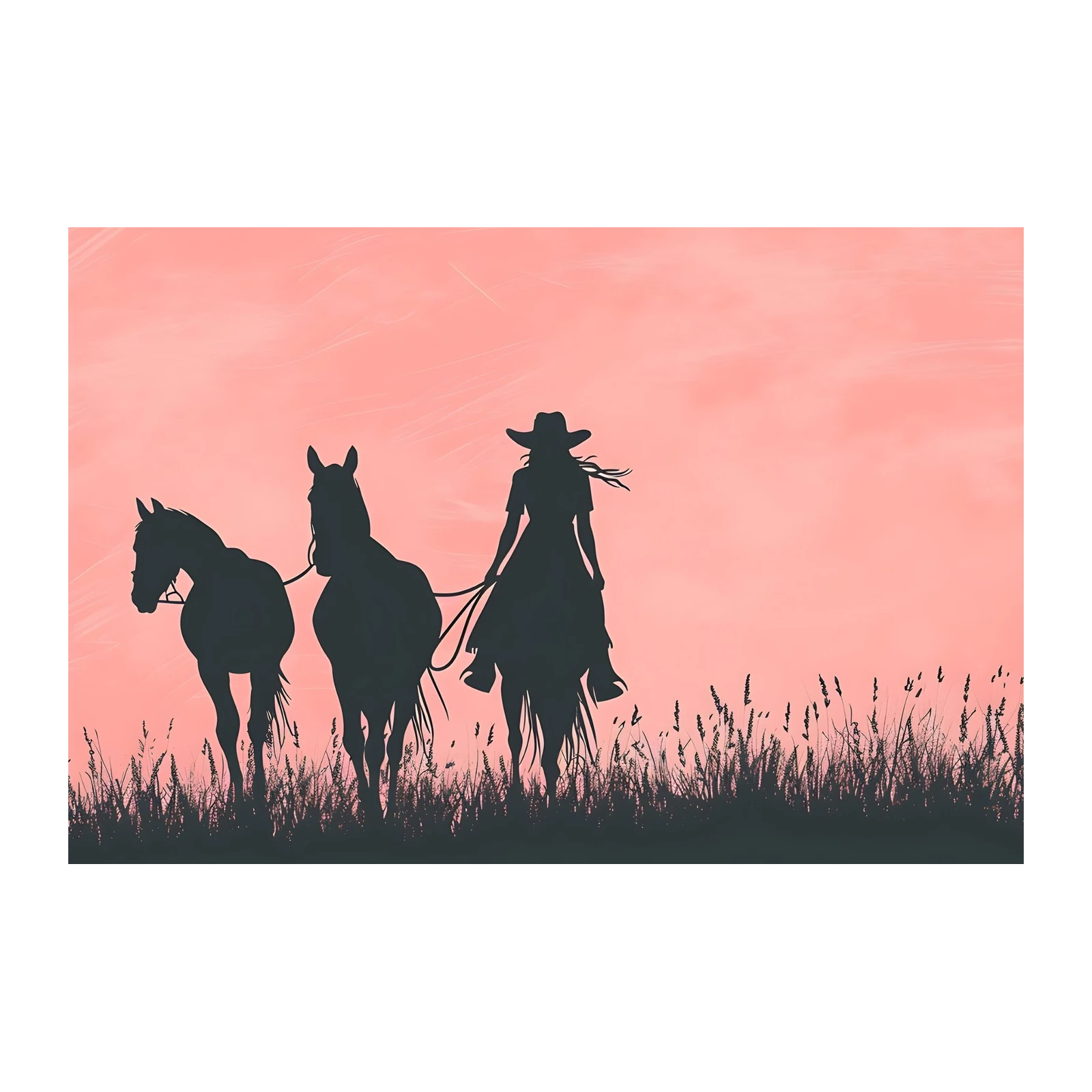 Cowgirl & Horses Sunset Silhouette Wall Art
