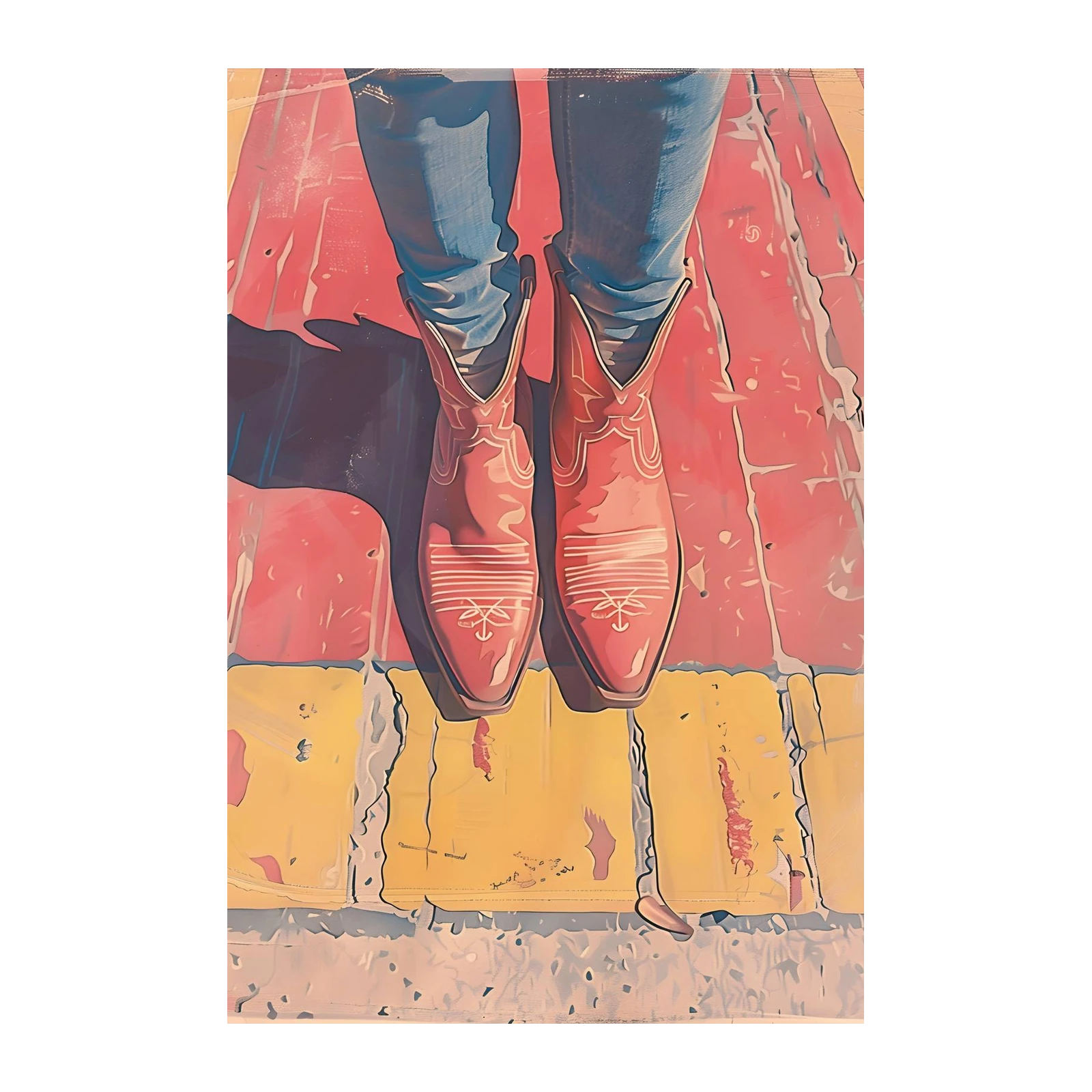 Red Cowboy Boots on Colorful Ground Wall Art