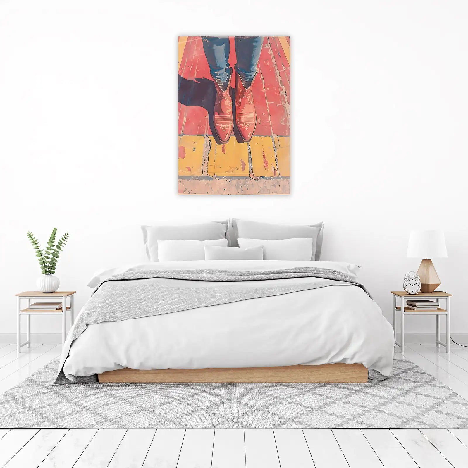 Red Cowboy Boots on Colorful Ground Wall Art