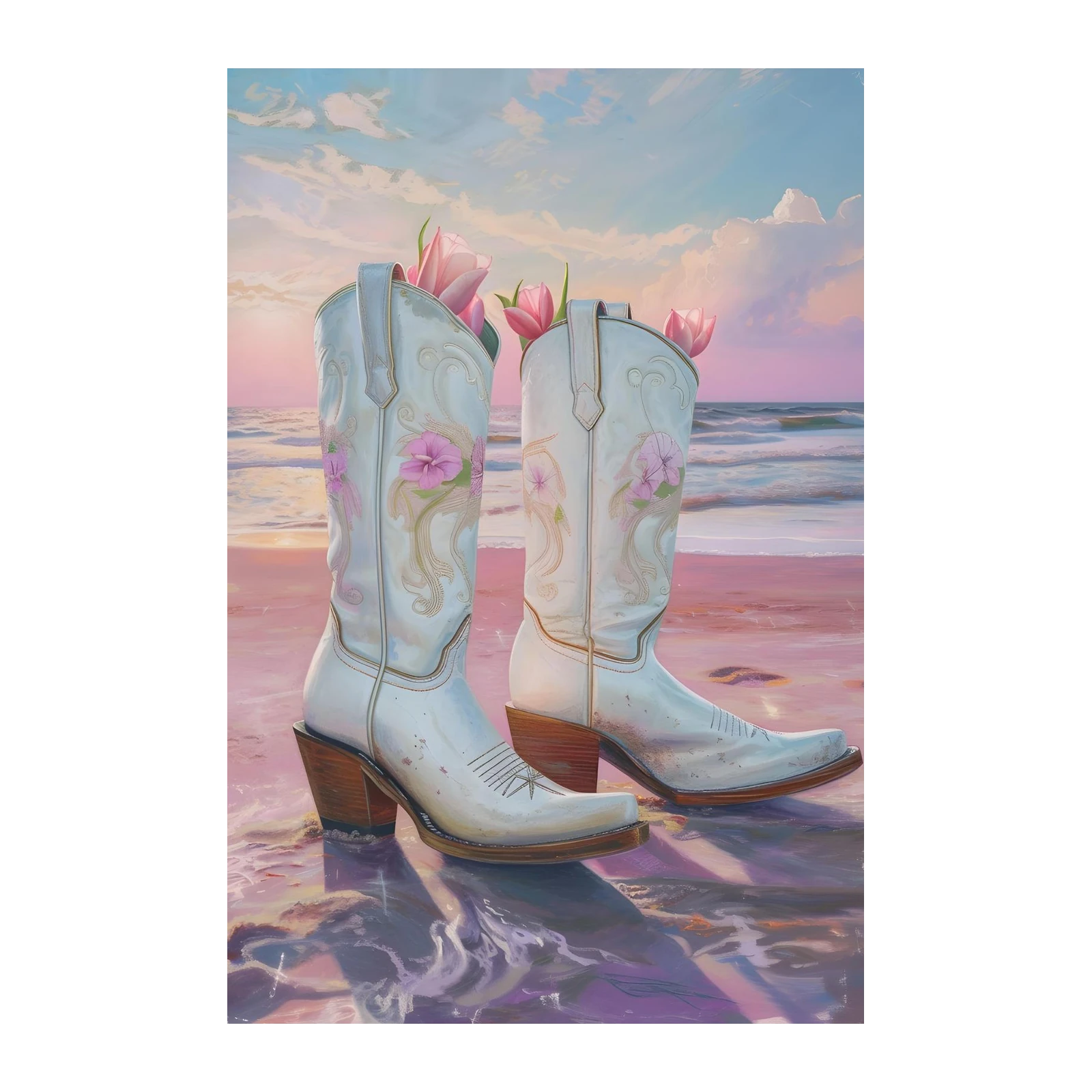 White Cowboy Boots Beach Floral Wall Art