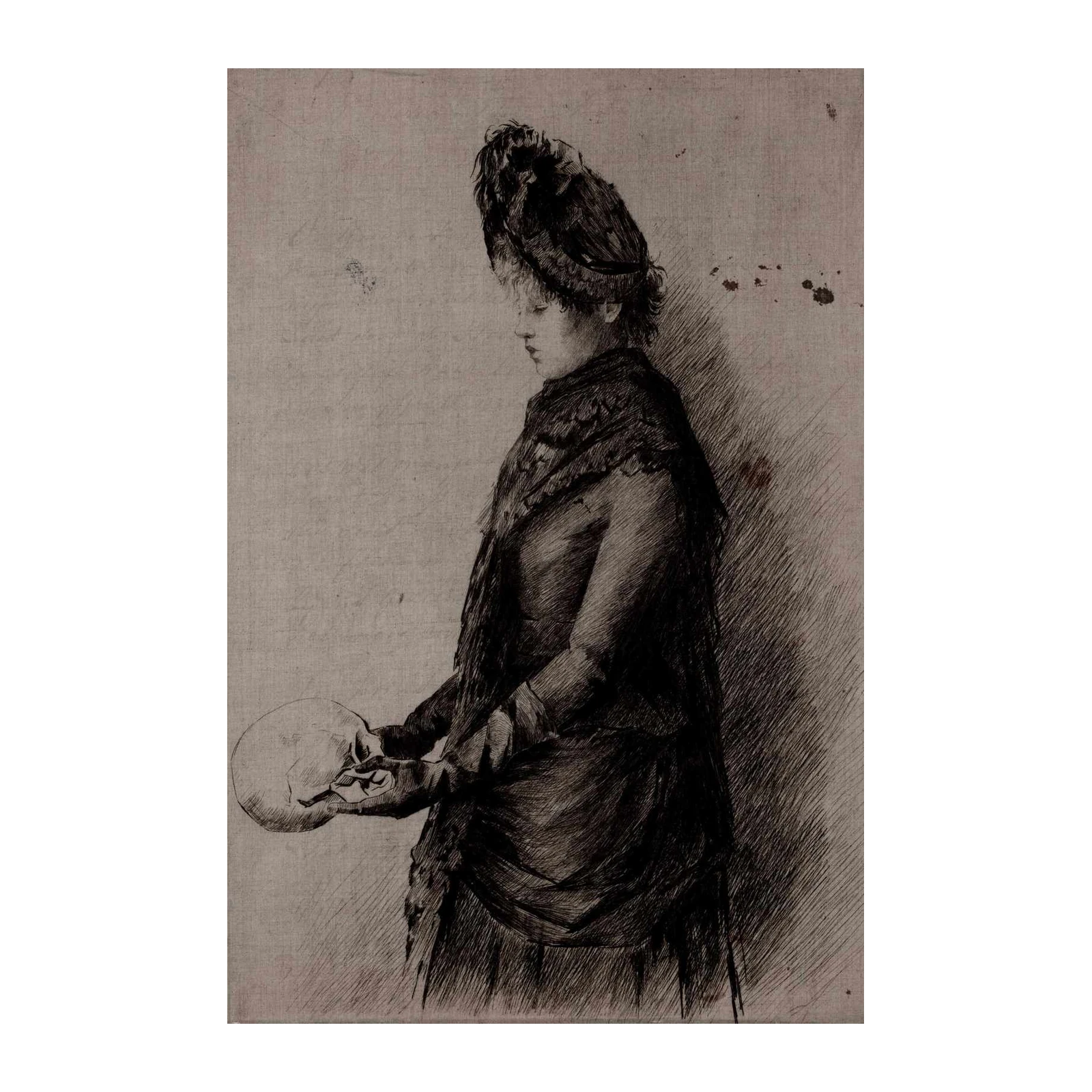 Melancholy Woman Skull Etching Wall Art