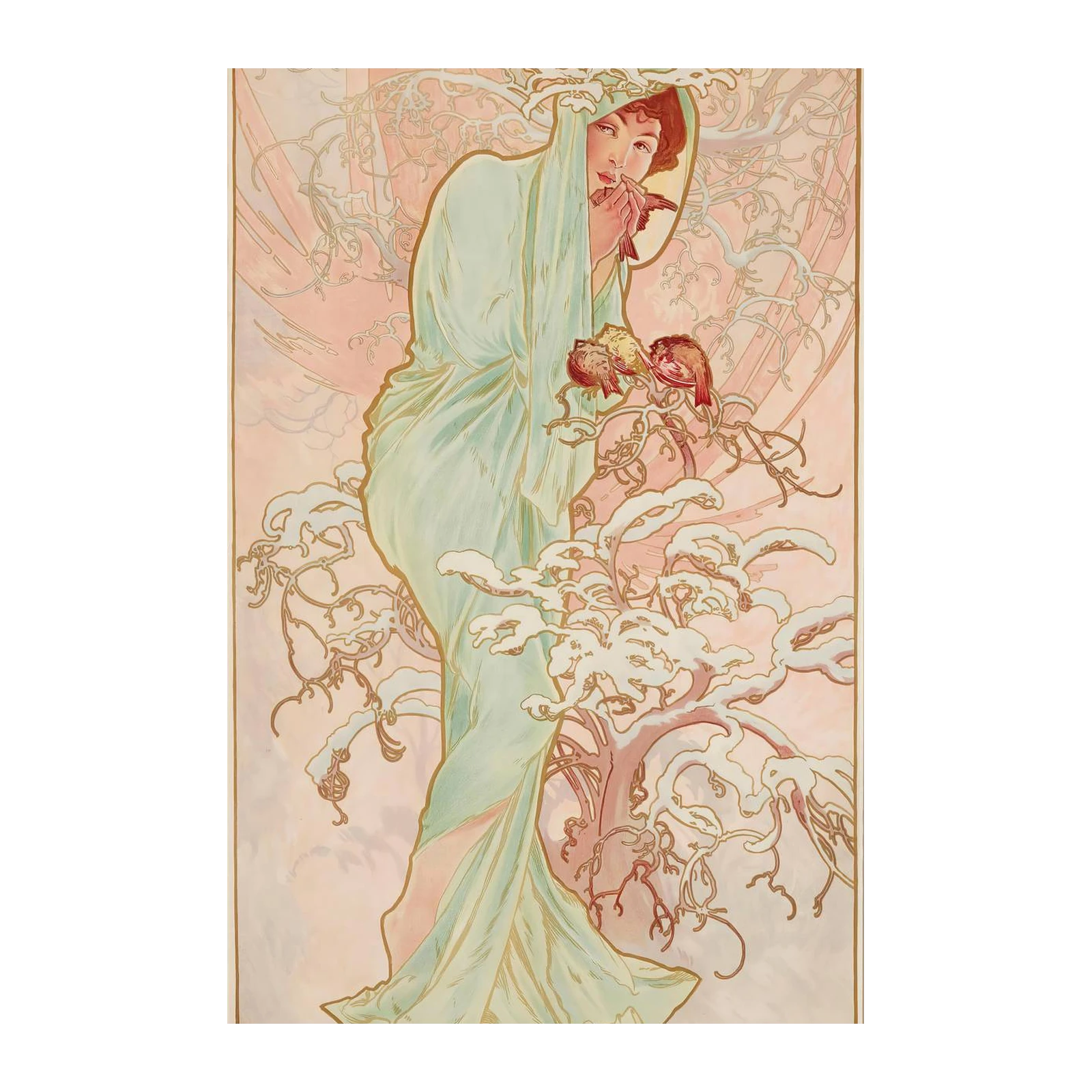 Elegant Art Nouveau Woman & Birds Wall Art