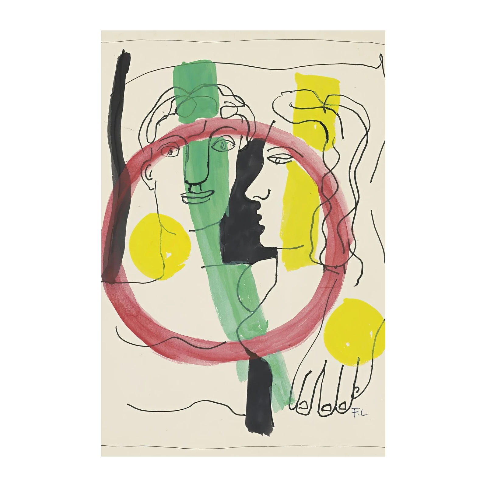Modern Abstract Faces Red Circle Wall Art