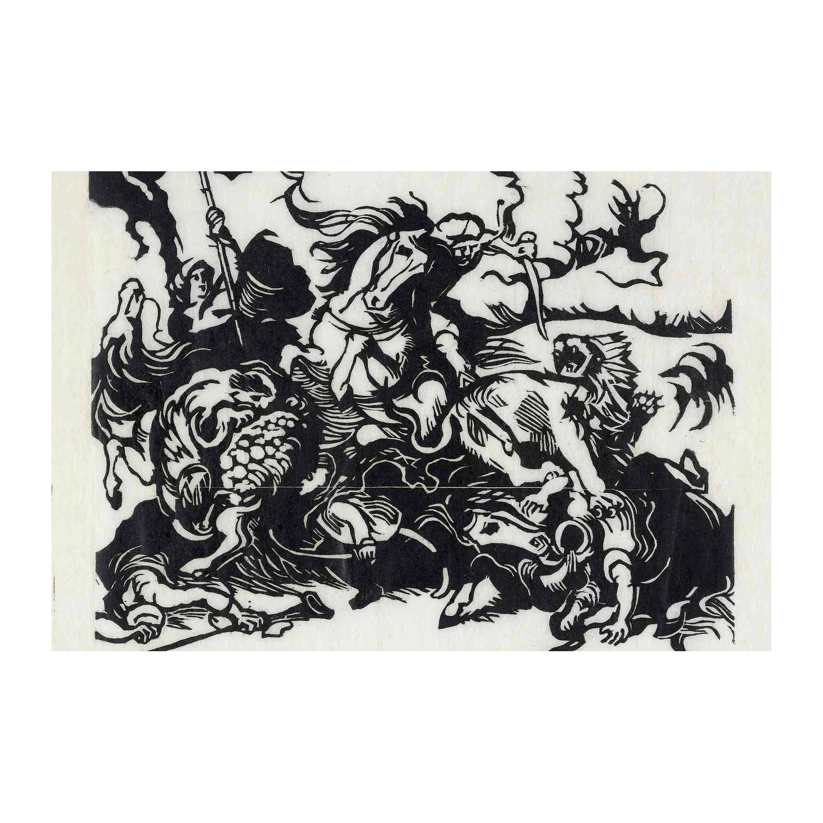 Dynamic Battle Scene Woodcut Wall Art