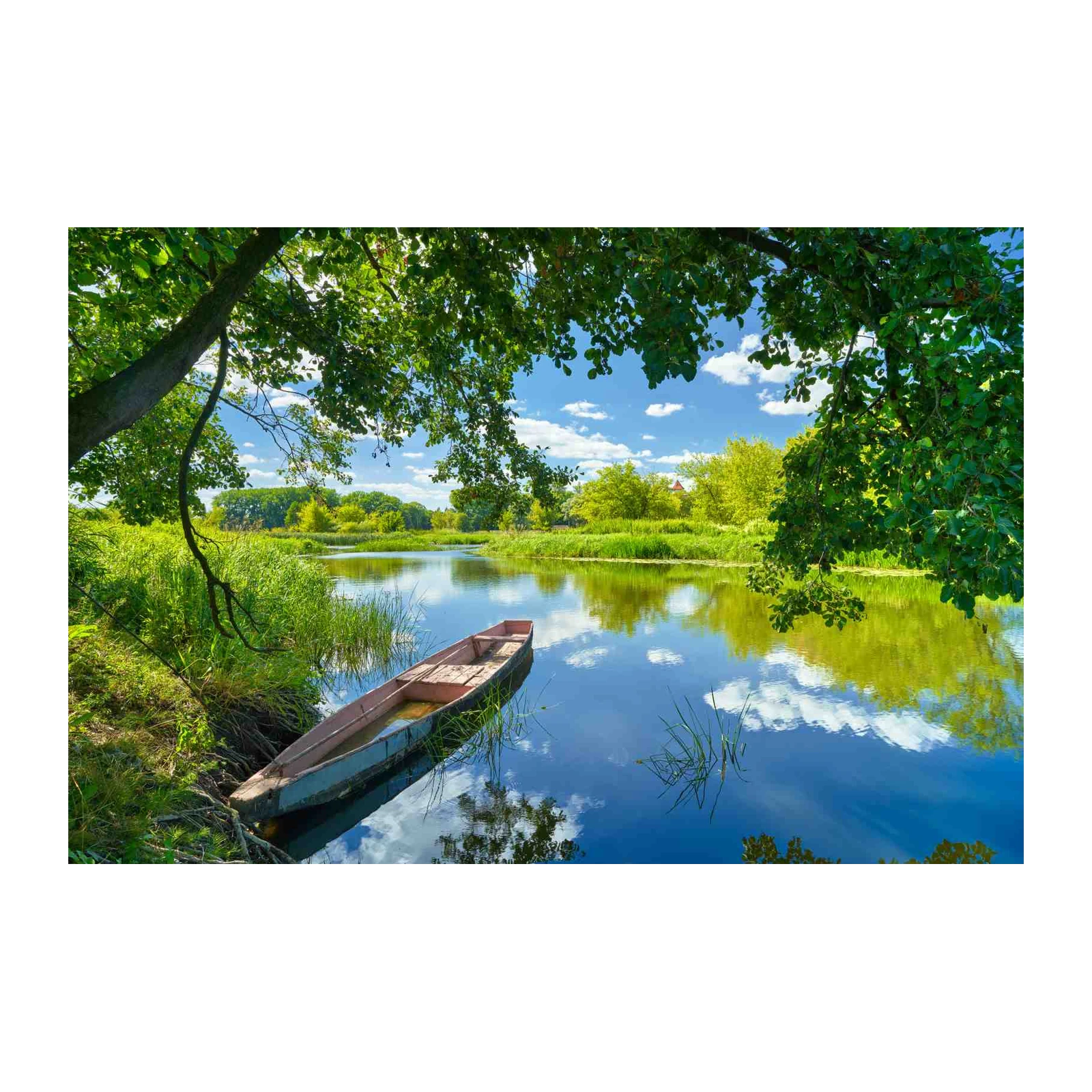 Serene River Boat Landscape Wall Art