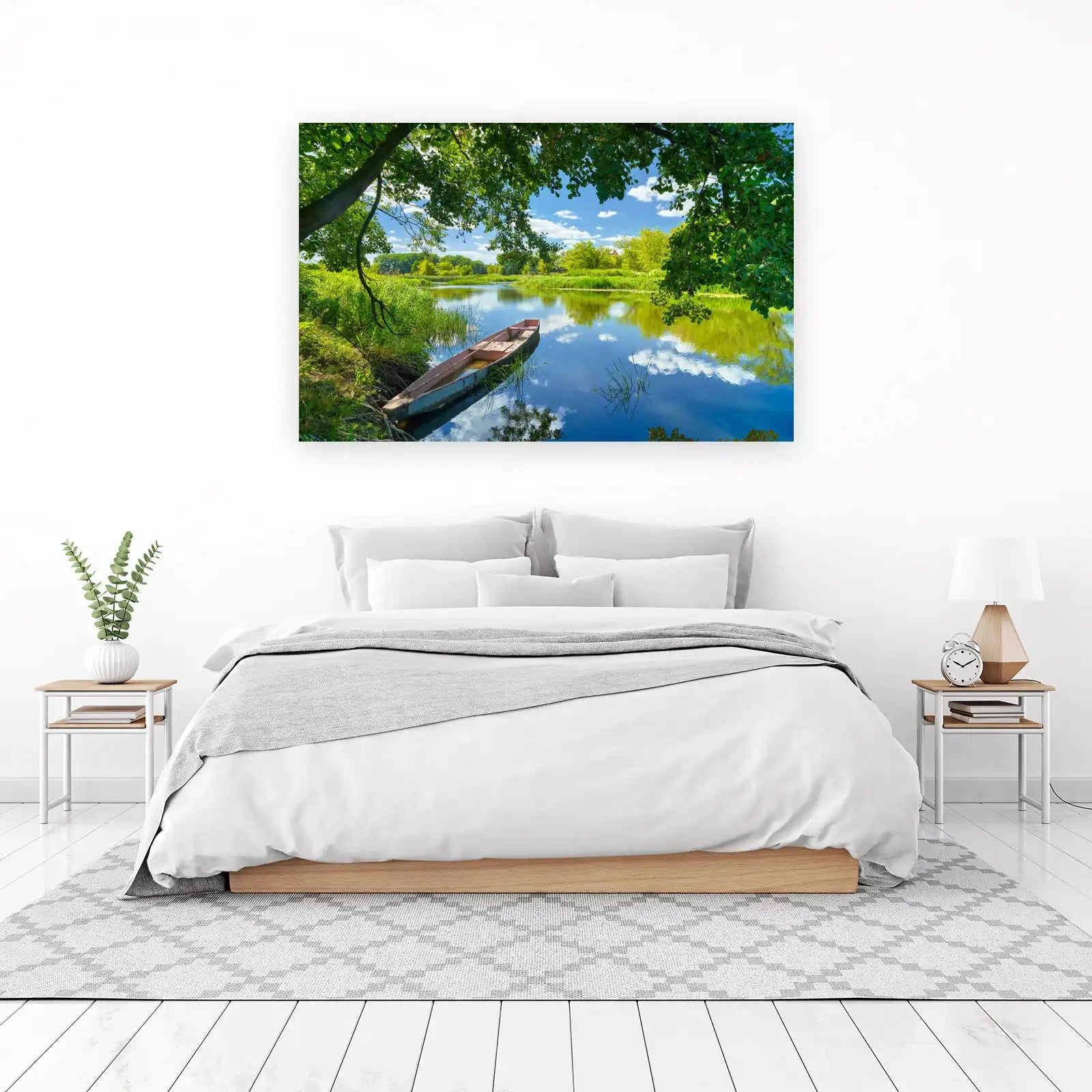 Serene River Boat Landscape Wall Art