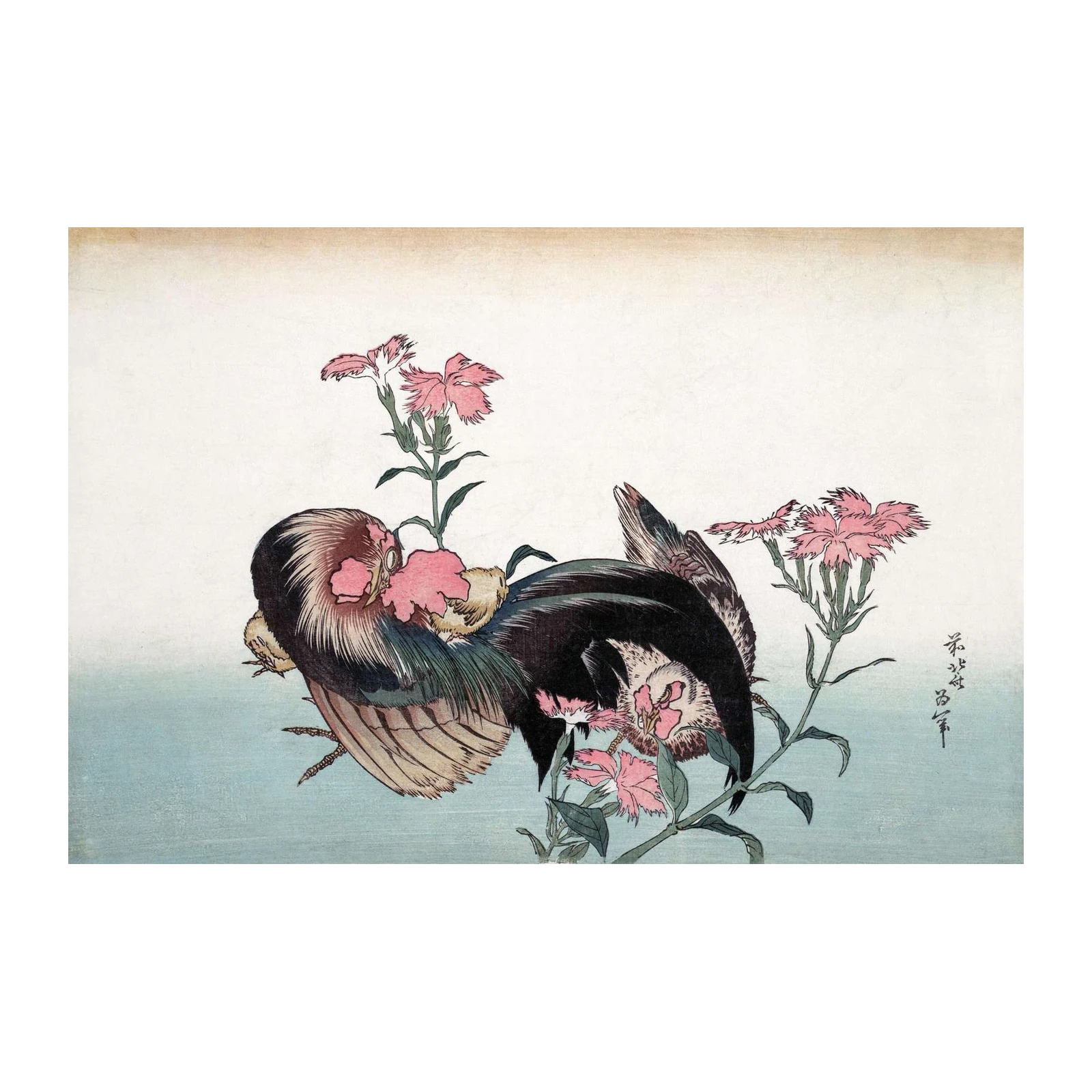 Rooster & Chicks Pink Flowers Japanese Art Wall Art