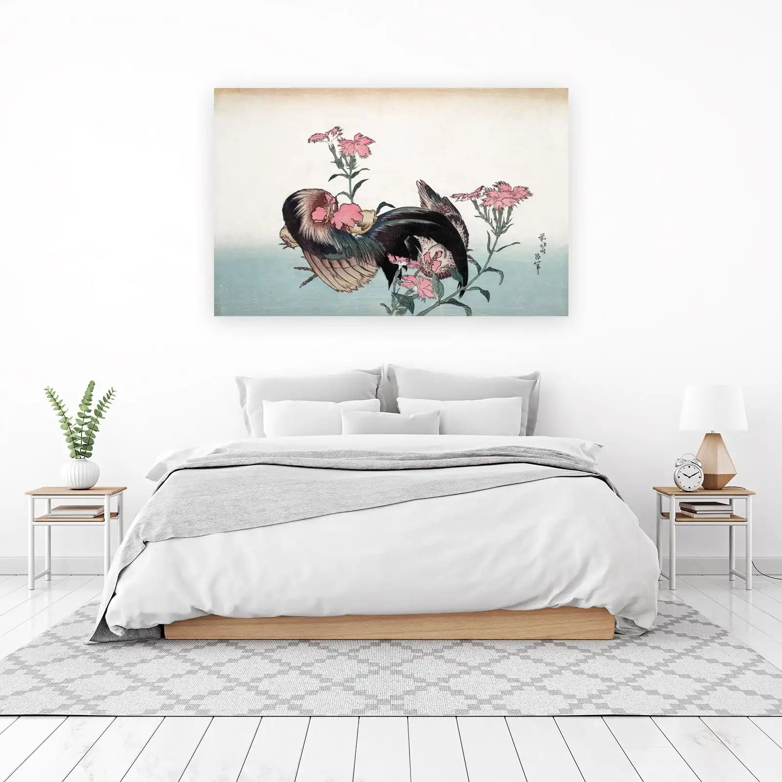 Rooster & Chicks Pink Flowers Japanese Art Wall Art