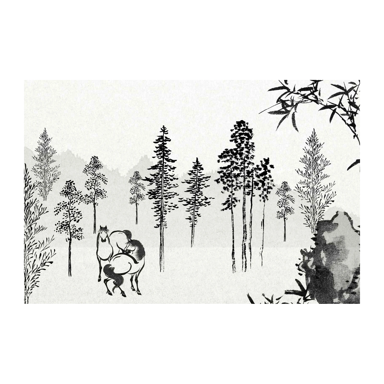 Serene Forest Horses Ink Wash Wall Art