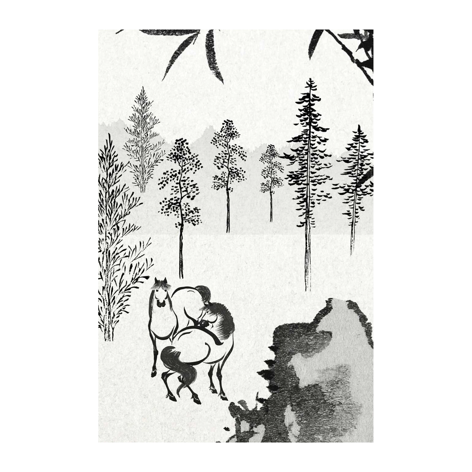 Serene Horses & Bamboo Ink Brush Wall Art