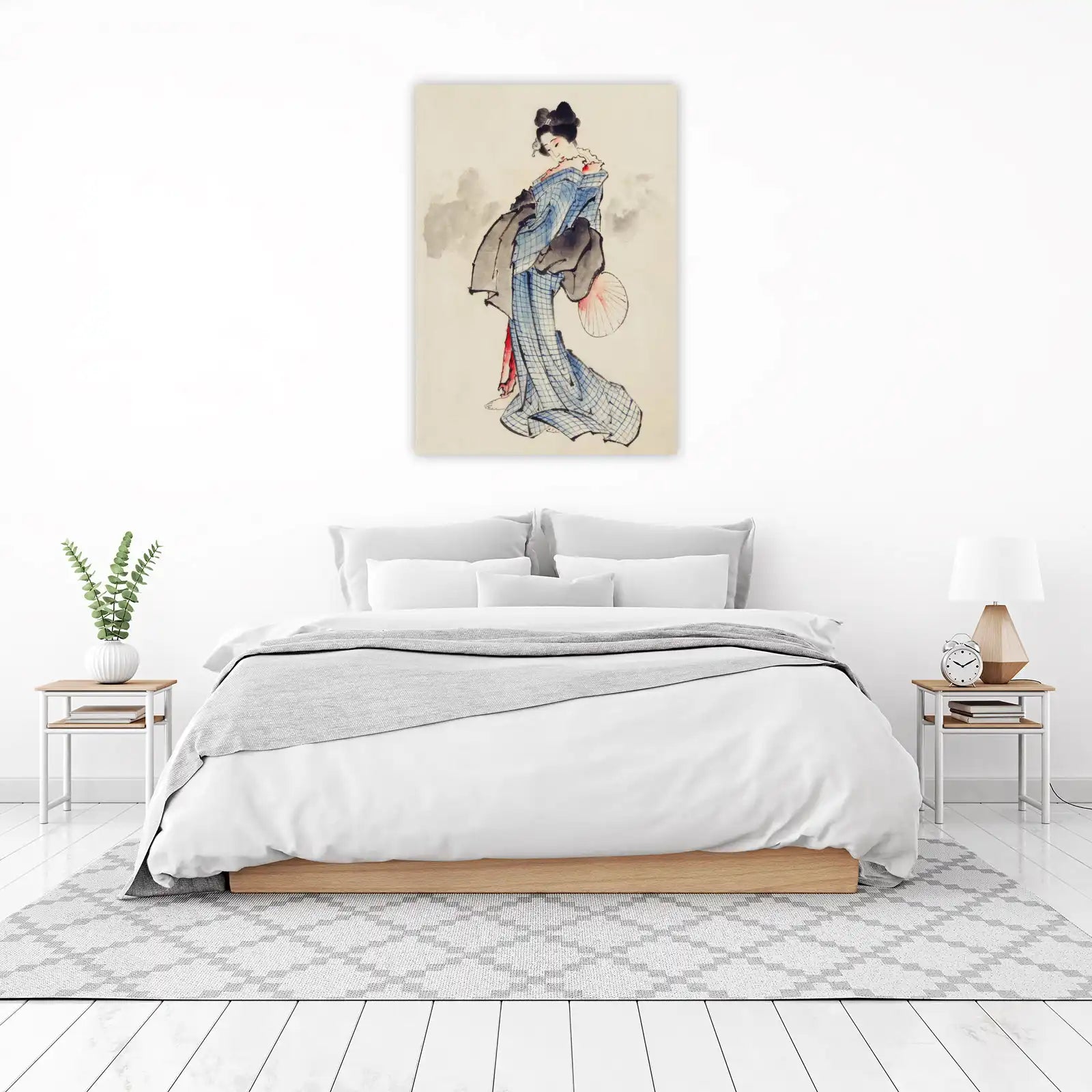 Elegant Geisha Blue Check Kimono Wall Art