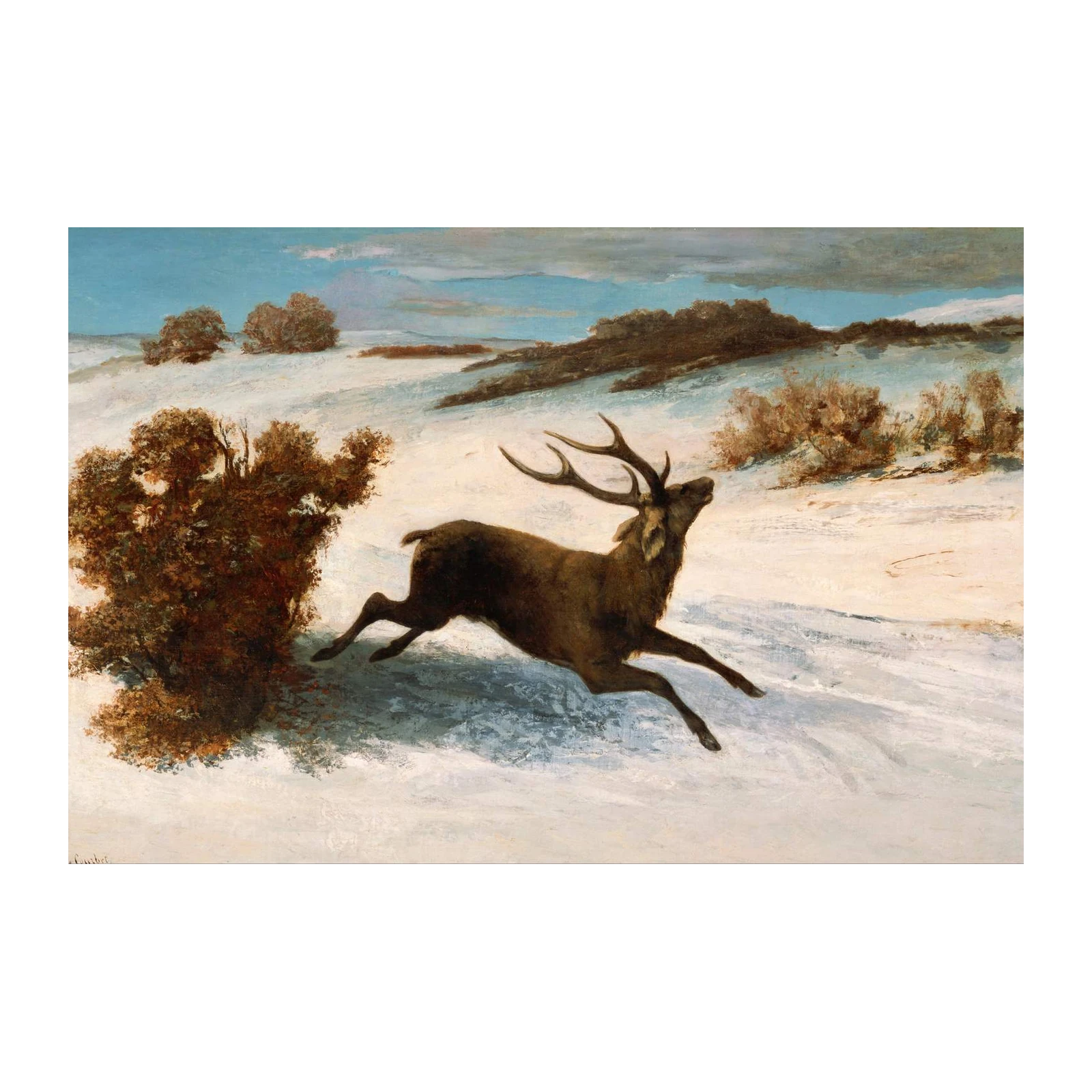 Majestic Stag Running Through Snow Wall Art