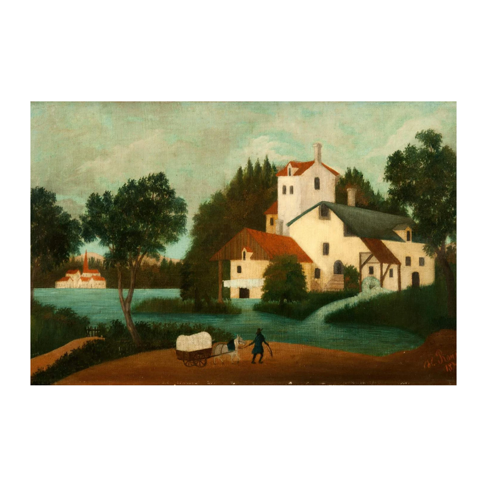 Idyllic Village Scene Folk Art Wall Art