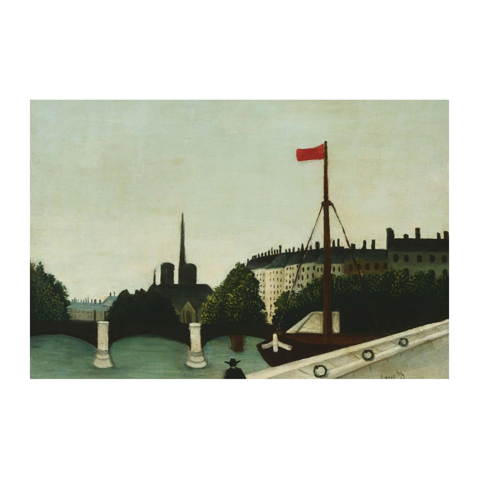 Parisian River Scene with Red Flag Wall Art