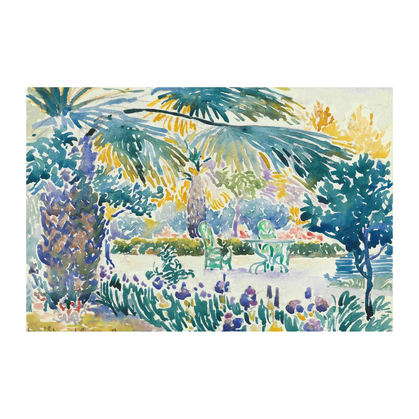 Vibrant Garden Scene Watercolor Wall Art