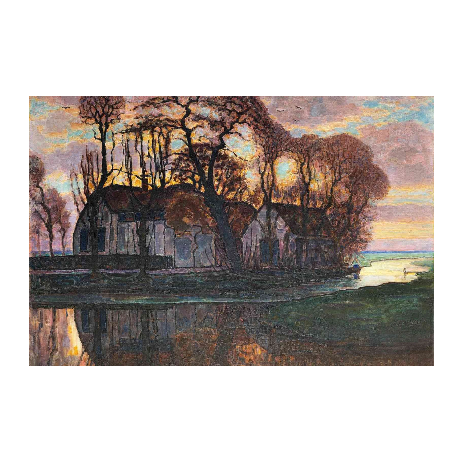 Serene Riverside Village Sunset Wall Art