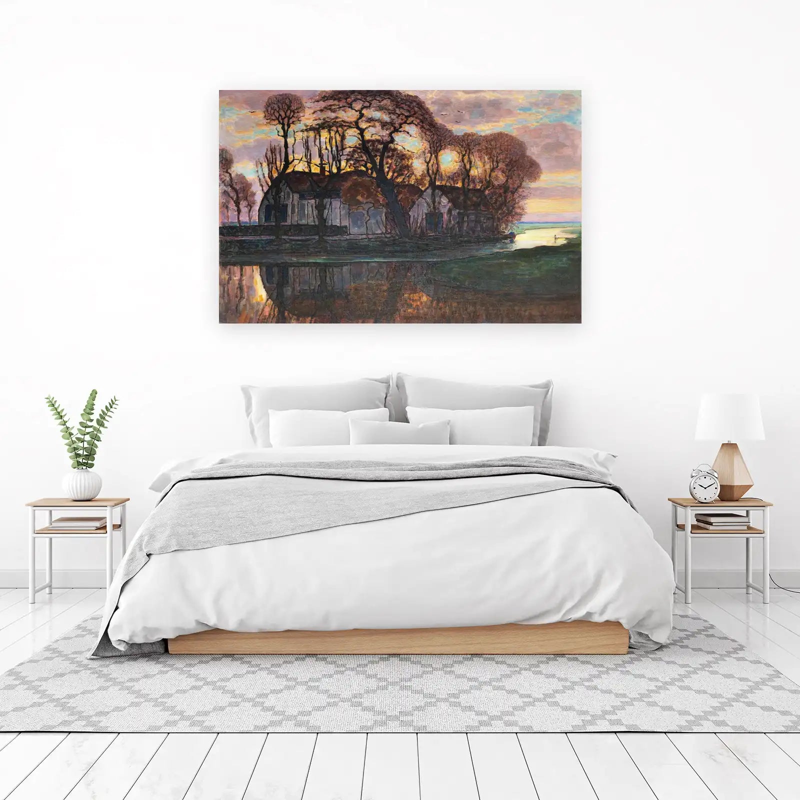 Serene Riverside Village Sunset Wall Art