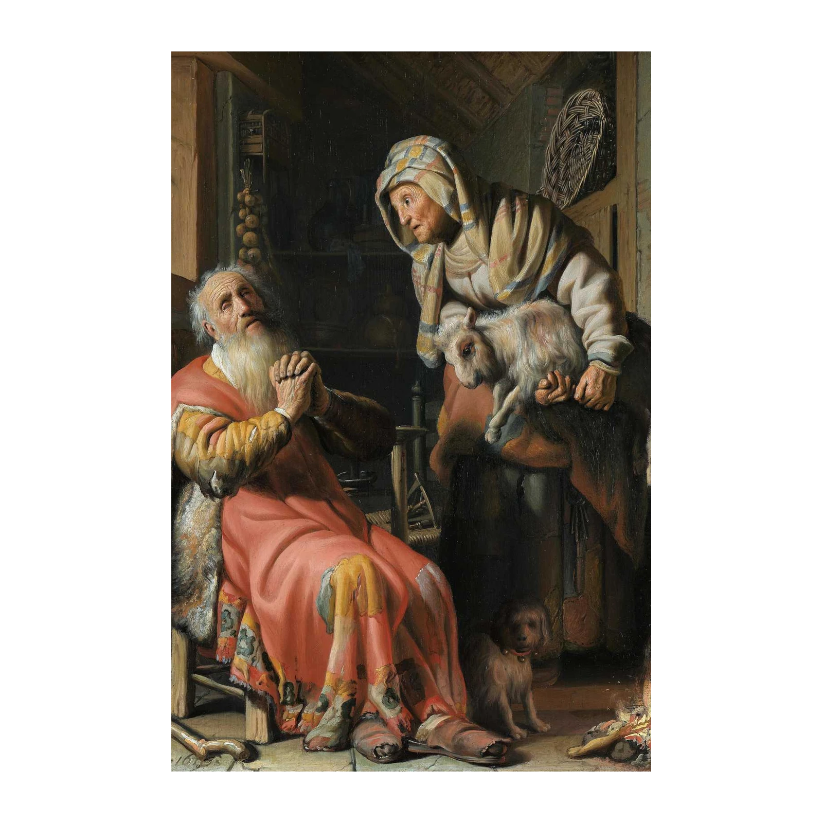 Biblical Scene Prayerful Old Man & Goat Wall Art