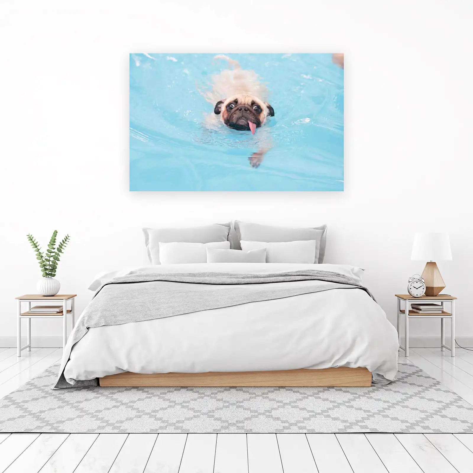 Funny Pug Swimming in Blue Pool Wall Art