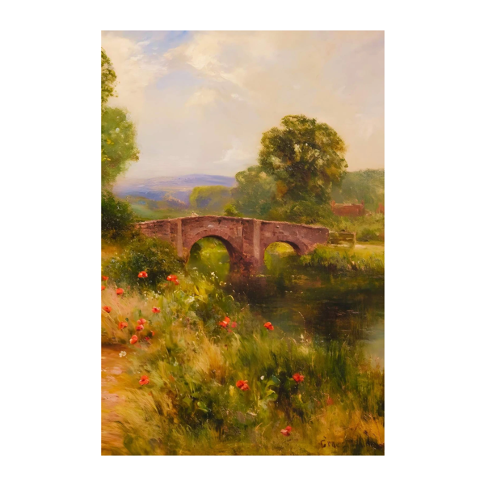 Serene Country Bridge & Poppies Wall Art