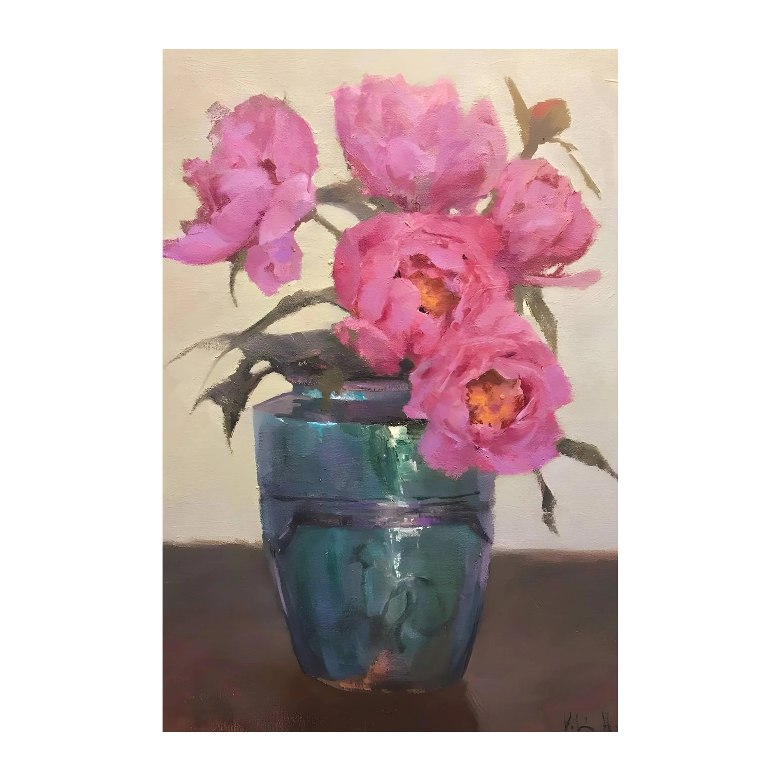 Vibrant Pink Peonies in Teal Vase Wall Art