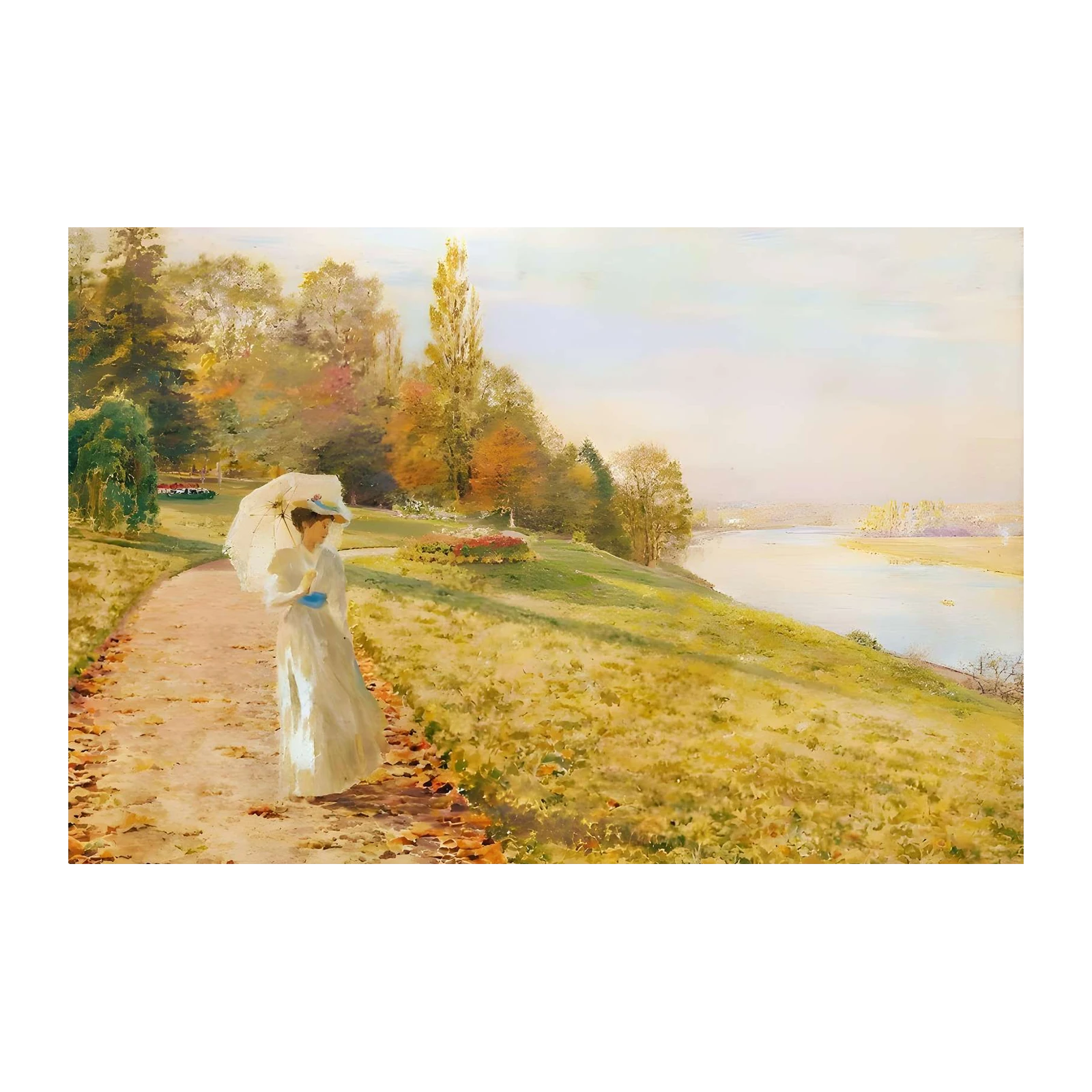 Elegant Autumn Stroll by River Landscape Wall Art