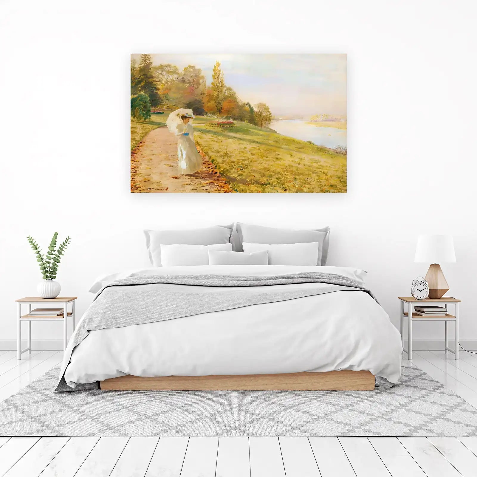 Elegant Autumn Stroll by River Landscape Wall Art