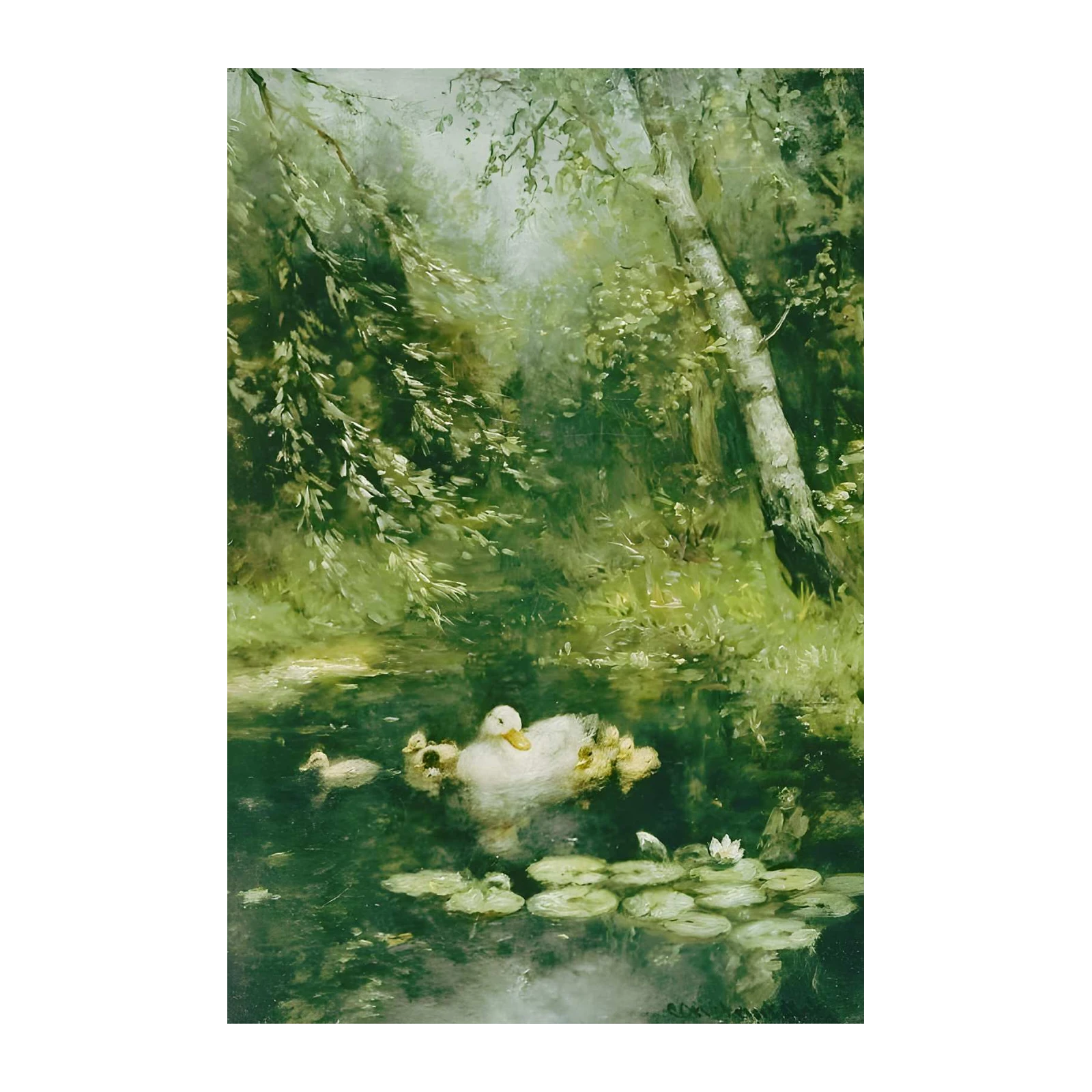 Tranquil Duckling Family Woodland Pond Wall Art