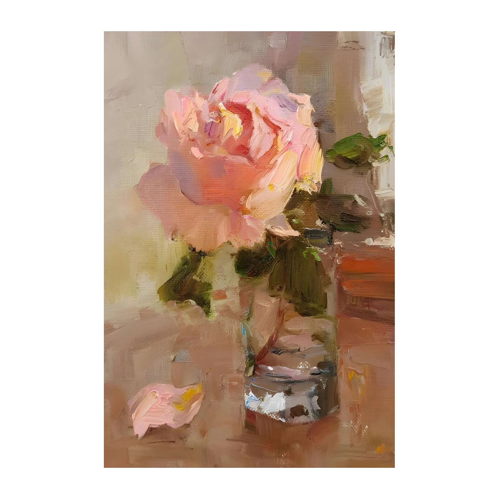 Soft Pink Rose Still Life Oil Painting Wall Art