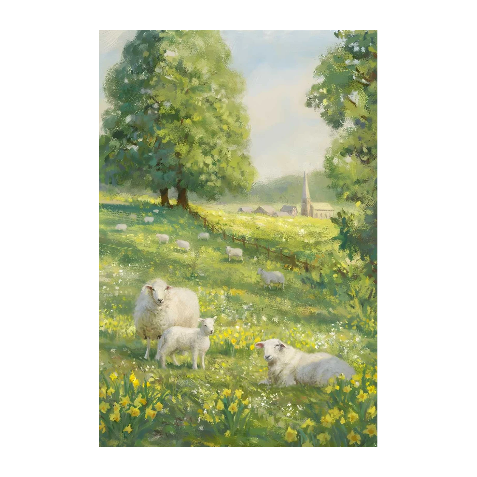 Pastoral Sheep Field Spring Scene Wall Art