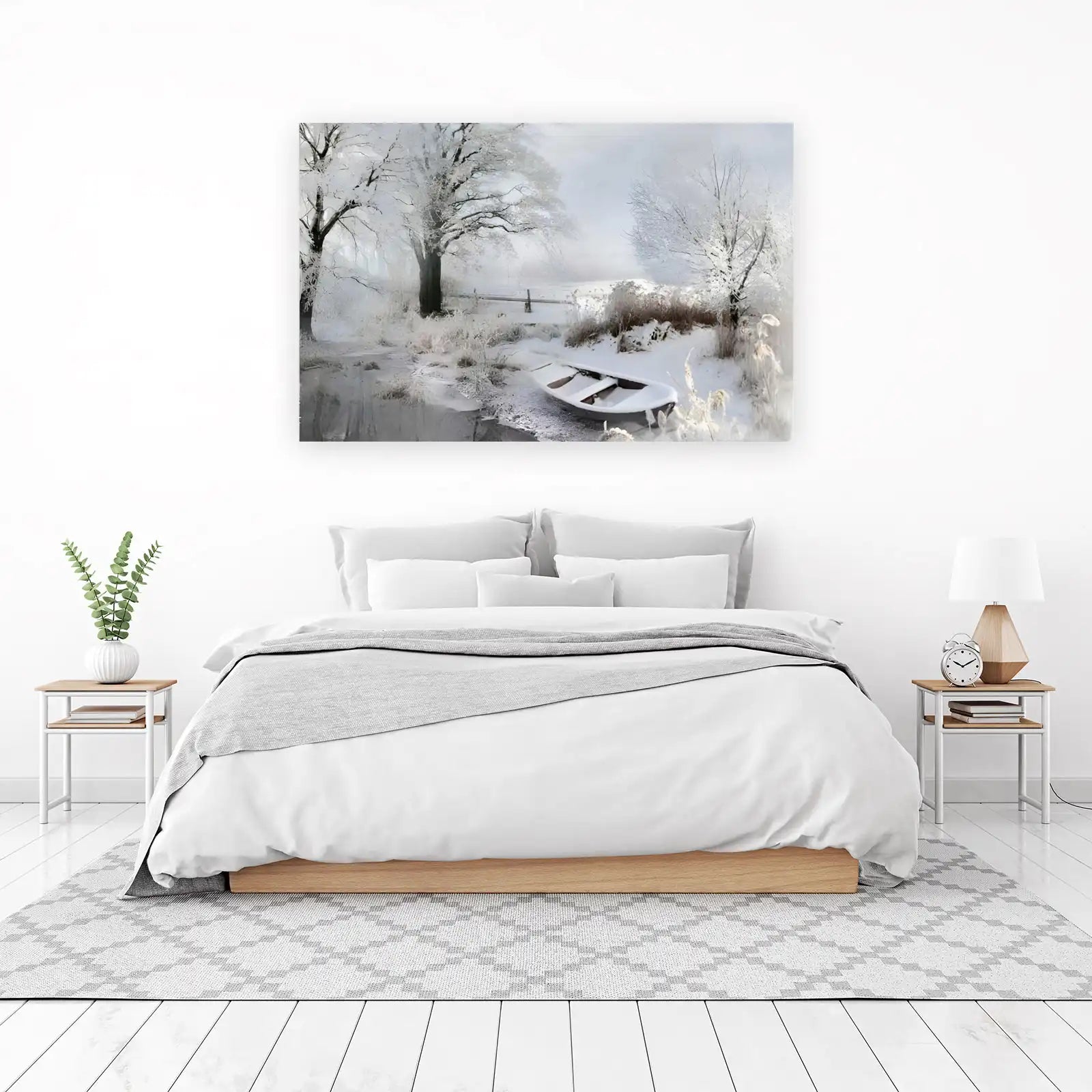 Tranquil Winter Boat Snowy Landscape Wall Art