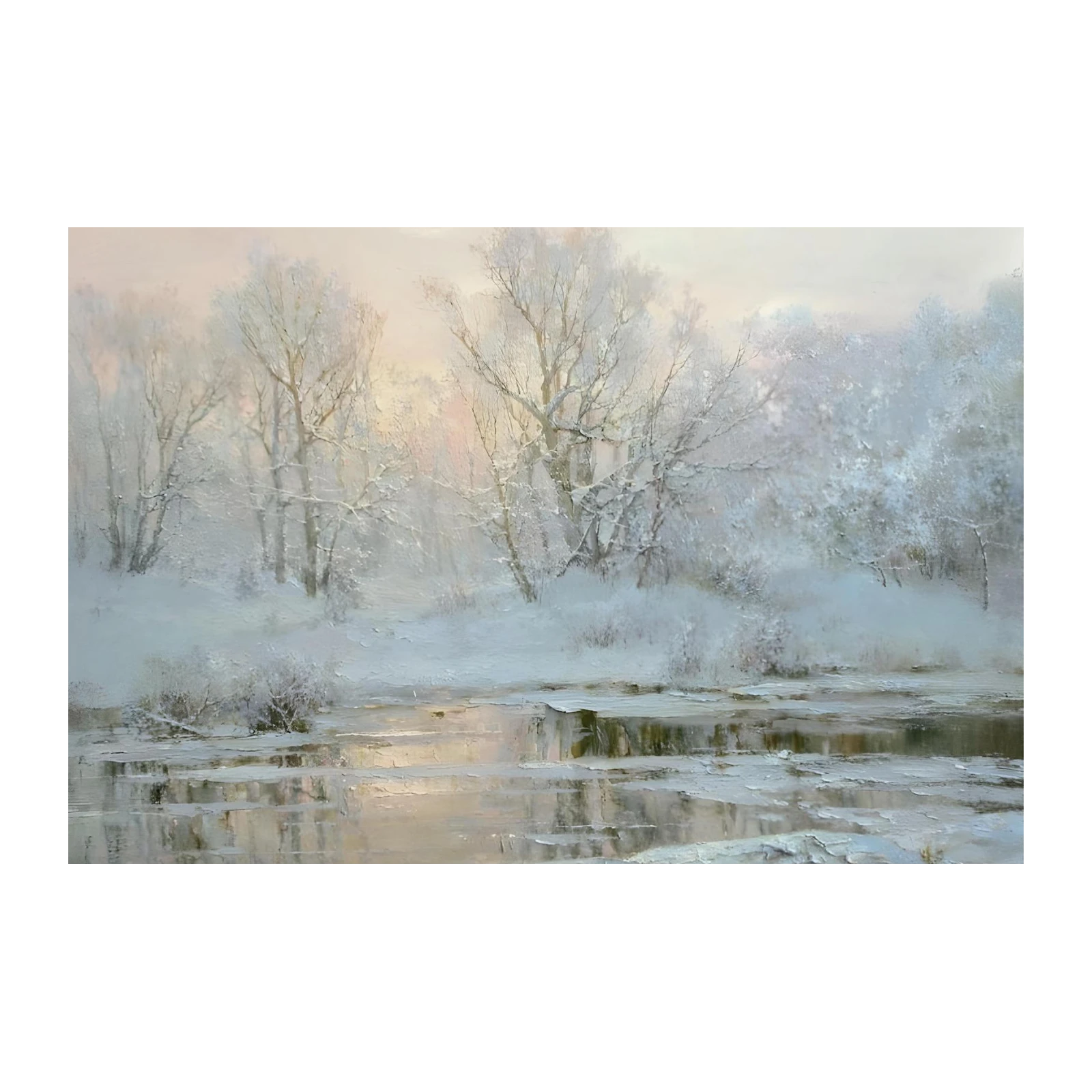 Serene Winter River Landscape Oil Painting Wall Art
