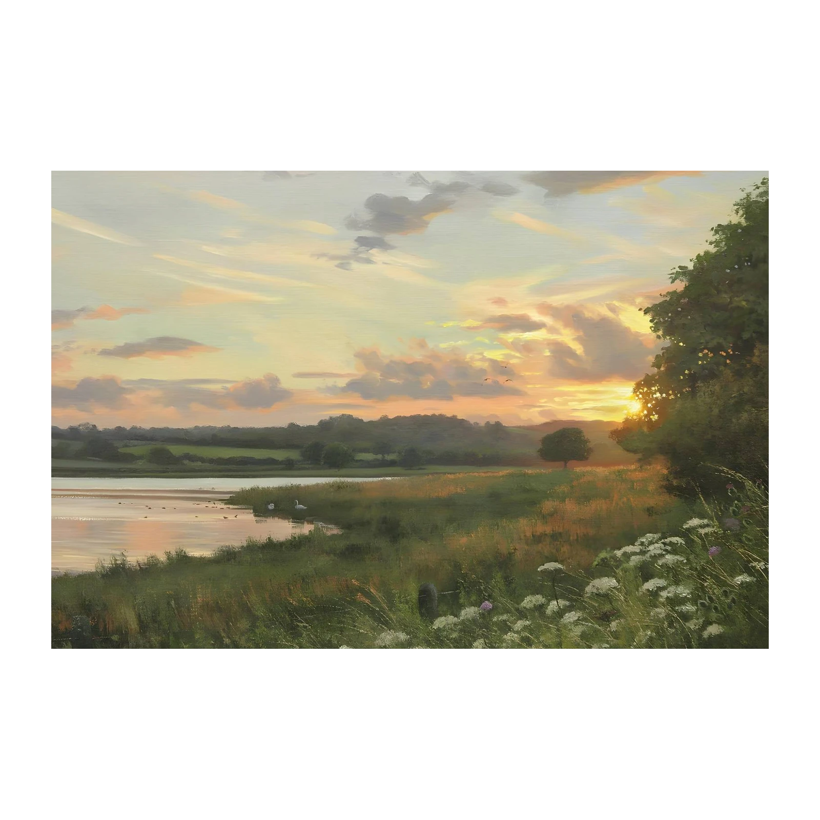Serene Sunset Lakeside Swans Wall Art