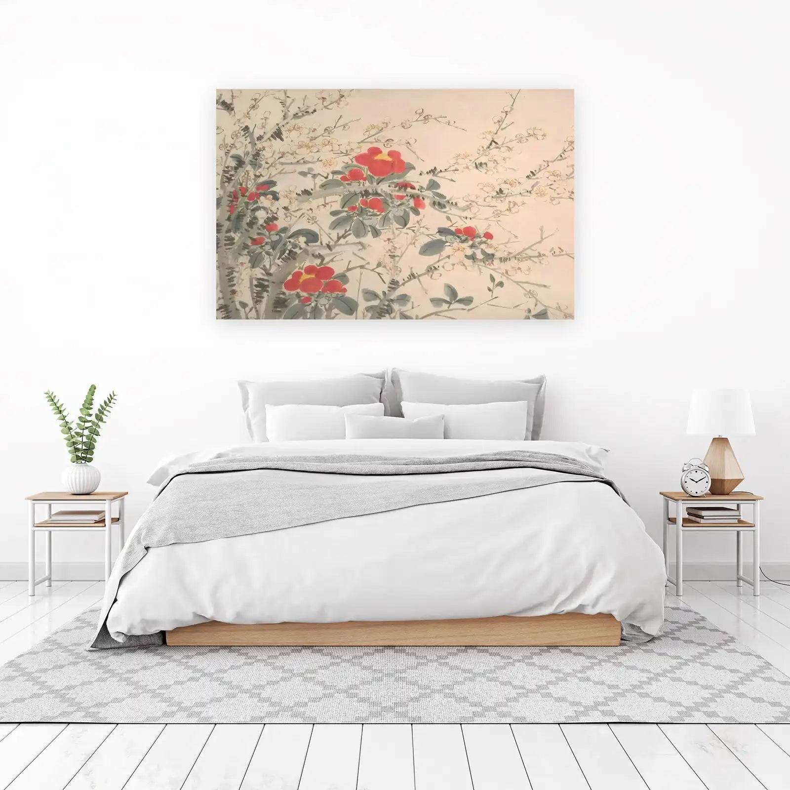 Vibrant Red Camellia & Plum Blossom Wall Art